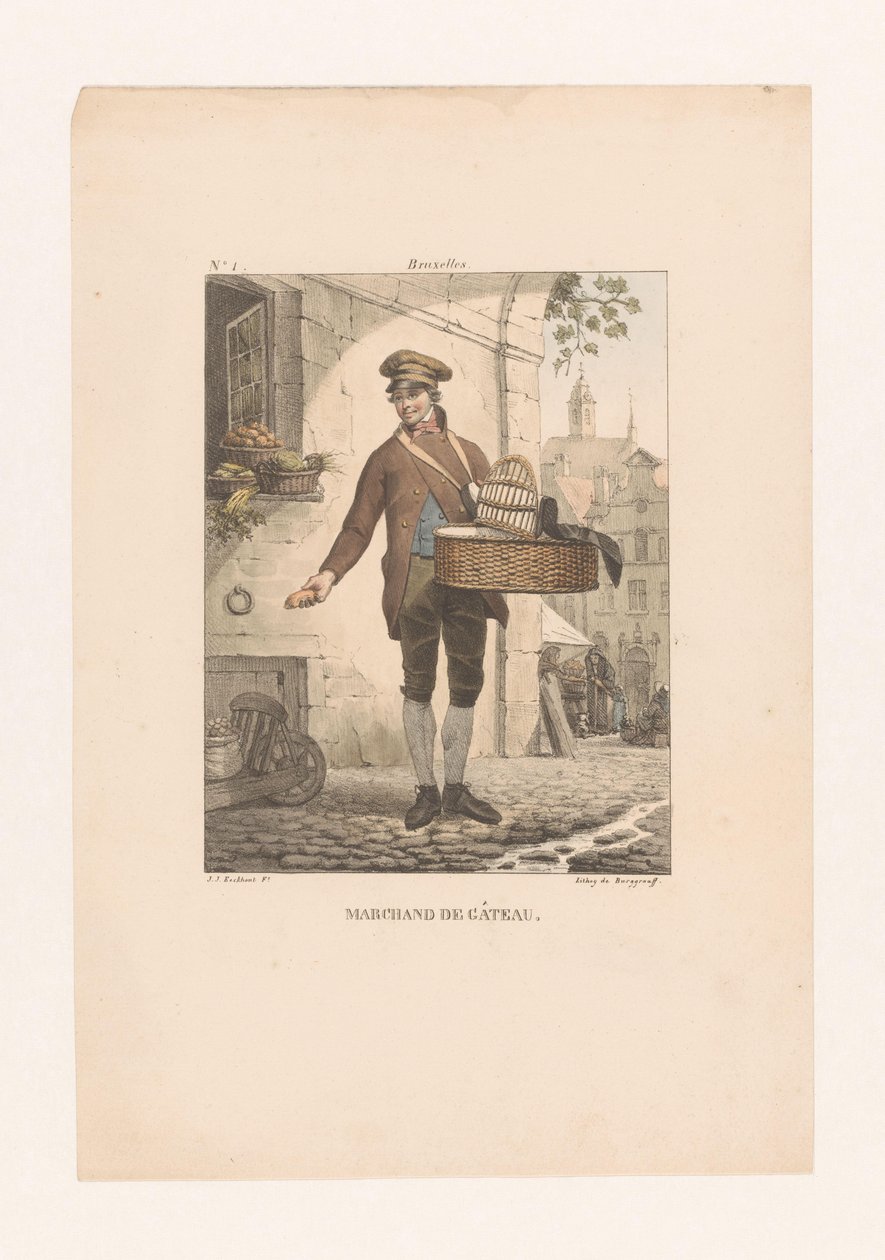 بائع معجنات في بروكسل Bruxelles (العنوان على الكائن) مارشاند دي جاتو (العنوان على الكائن) أزياء تقليدية مختلفة في المملكة المتحدة لهولندا (عنوان السلسلة) Costumes du peuple de toutes les Territories du royaume des Pays-Bas (se بواسطة غيوم فيليدور فان دن بورغراف