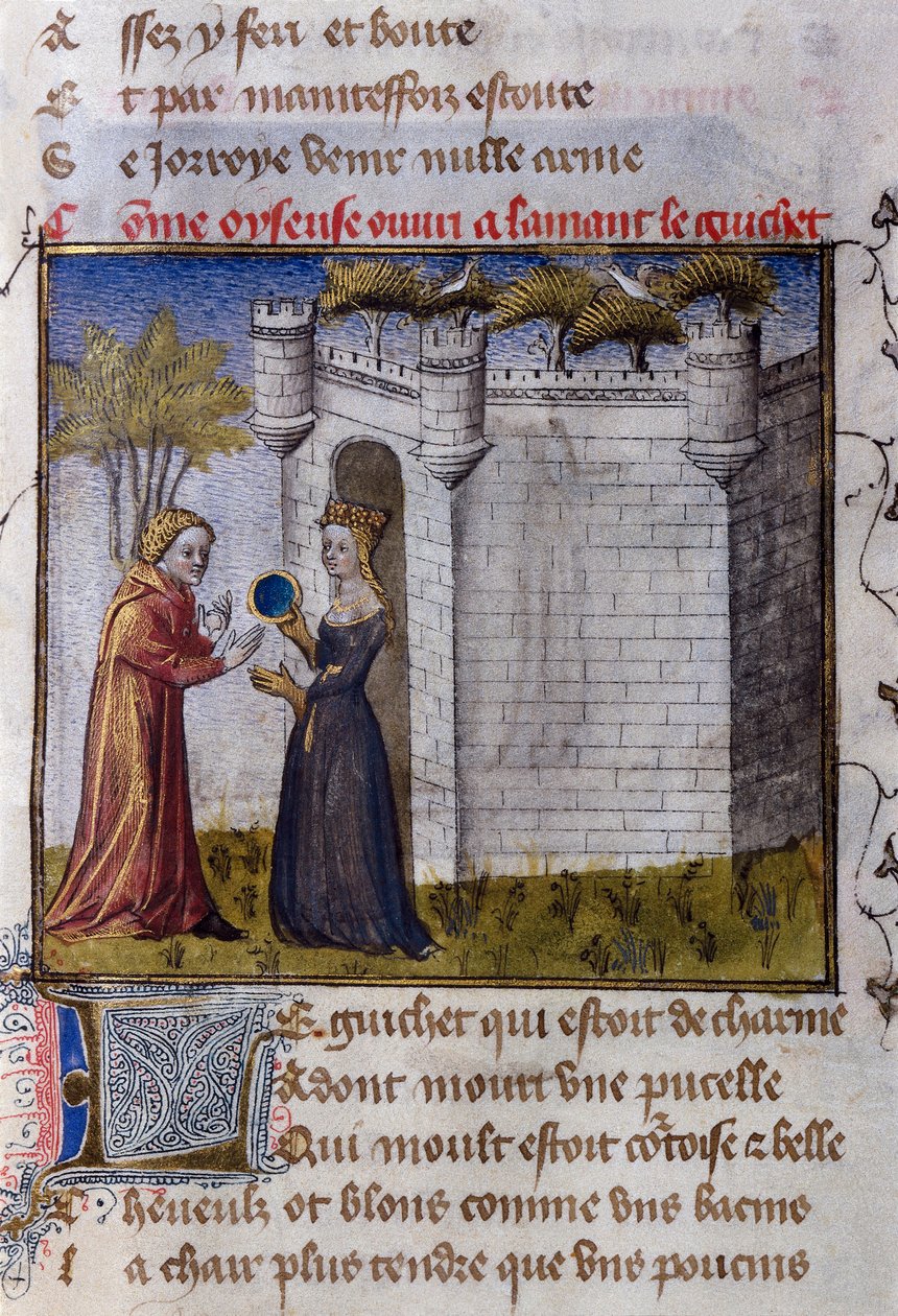 مشهد شجاع بين حبيبين: الفتاة تدعو حبيبها للدخول. صورة مصغرة من "Le Romanesque de la Rose" "لـ Guillaume de Lorris بواسطة غيوم دي لوريس