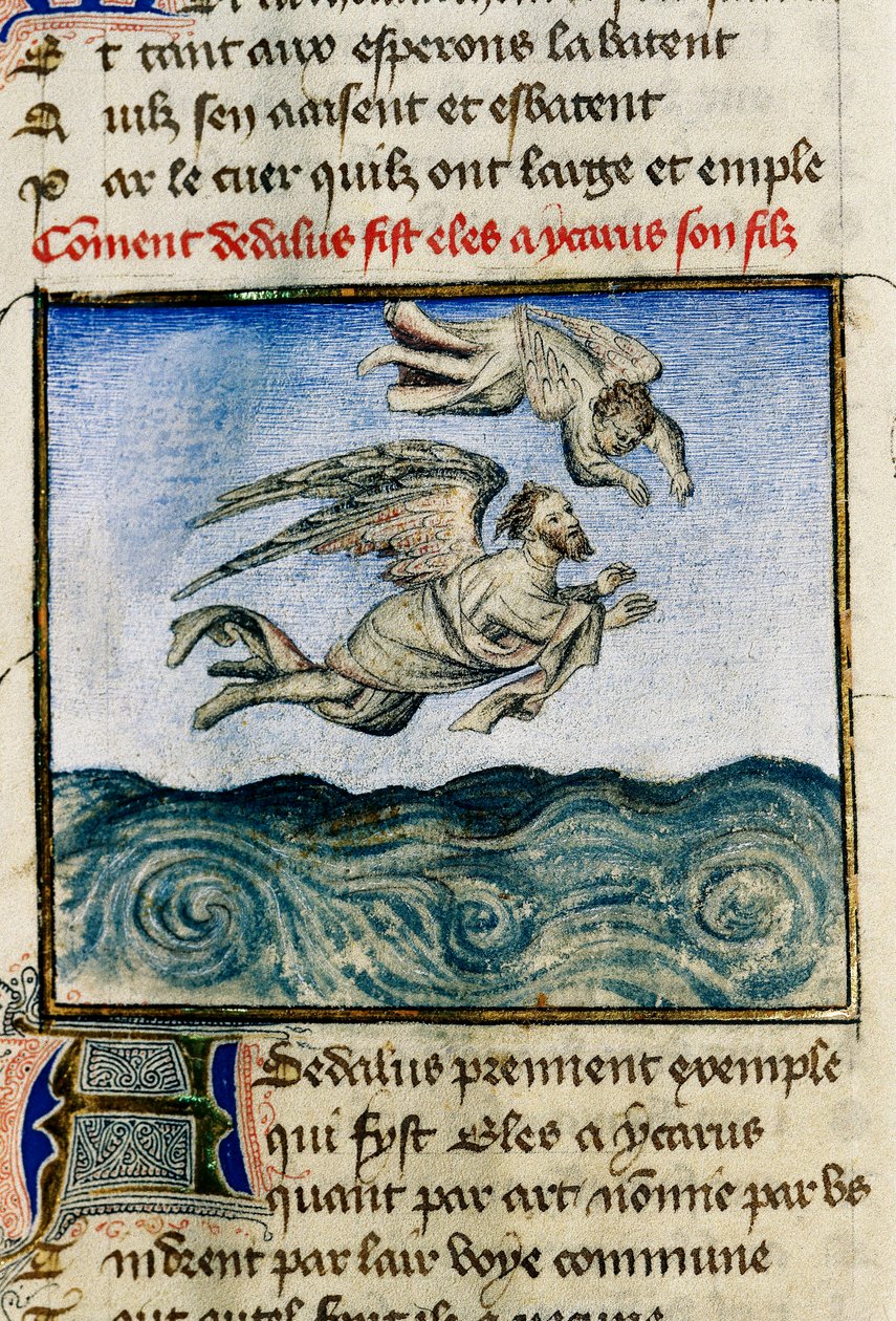 "Dedale and Icarus" (إيكاروس ودايدالوس) للهروب إلى مينوس ، دفع ديدال ابنه إيكاروس ليطير بعيدًا بفضل جناحيه الشمعي. صورة مصغرة لغيوم لوريس من مخطوطة "رومان الوردة" " بواسطة غيوم دي لوريس