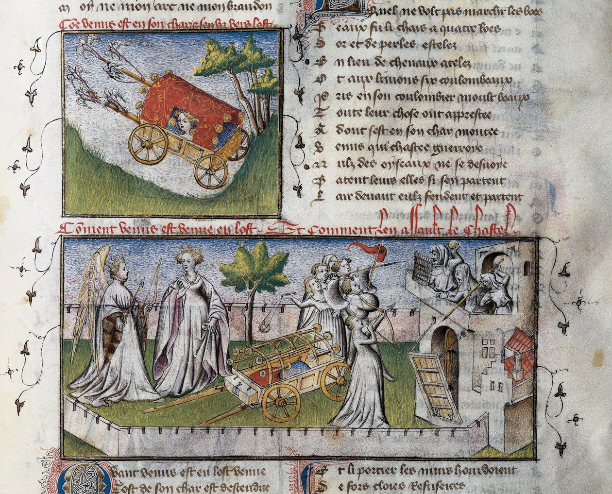 كيف وصلت فينوس واقتحمت القلعة التي بناها الغيرة ، Miniature by Guillaume Lorris من مخطوطة Le Romanesque de la Rose ، بواسطة غيوم دي لوريس