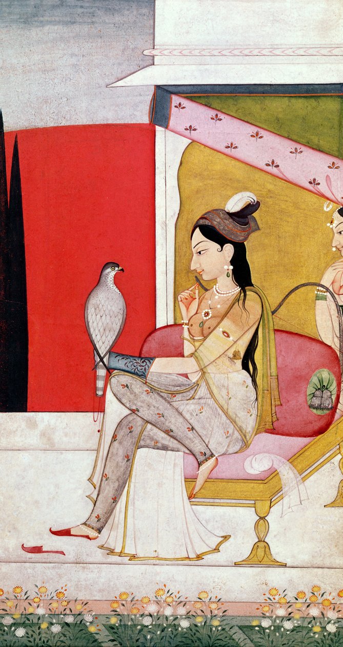 سيدة مع صقر ، نمط باهاري ، تلال البنجاب ، ج .1750 (طلاء على الورق) بواسطة مدرسة جولر
