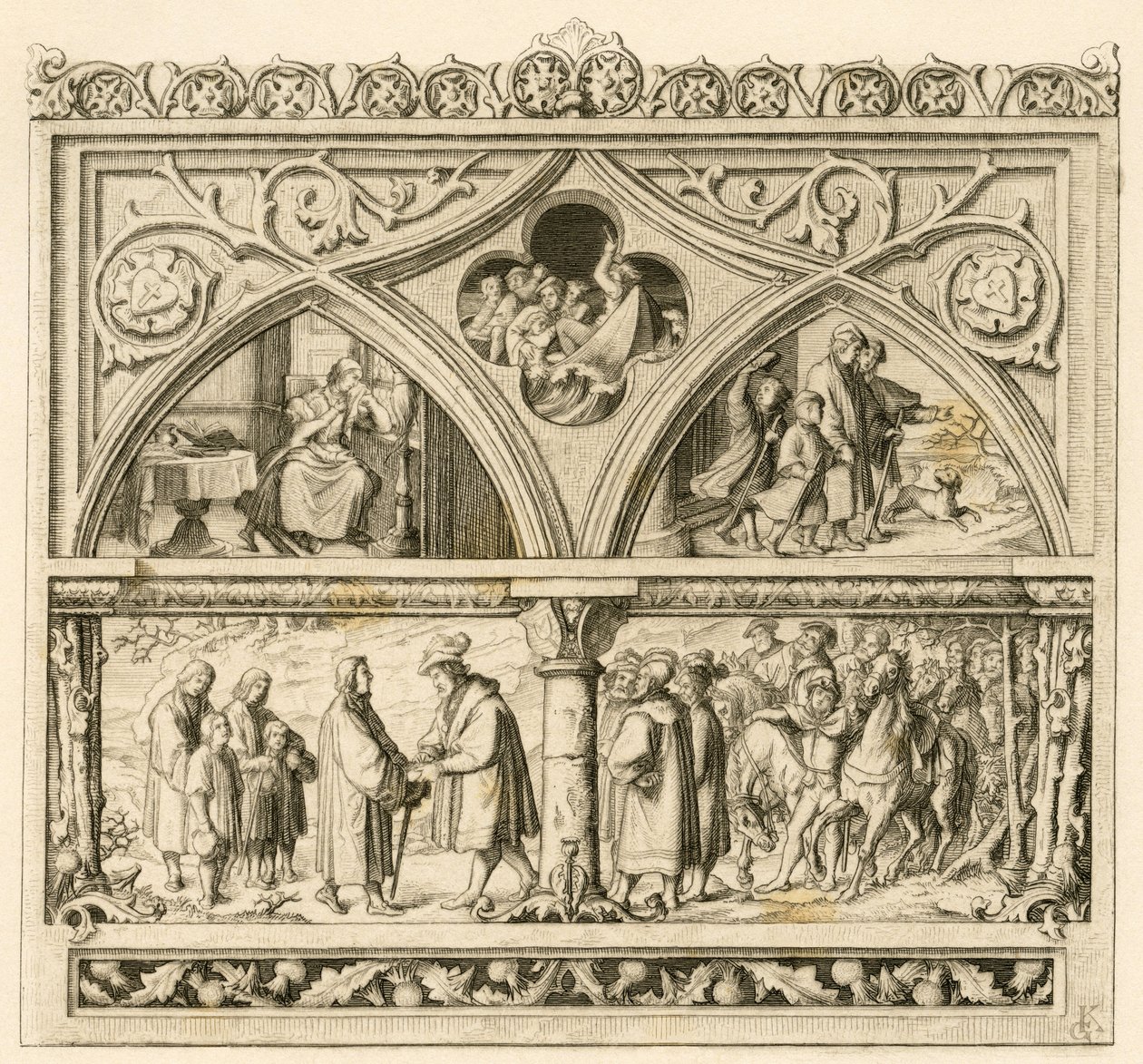 رحلة مارتن لوثر إلى الكونت مانسفيلد (Hoyer VI of Mansfeld-Vorderort (1477-1540) ؛ الصورة في أعلى اليسار: كاتارينا الحزينة ، في المنتصف: نهر Saale الغاضب ، على اليمين: Luther مع أبنائه. الصورة بالأسفل: Luther and Count بواسطة جوستاف فرديناند ليوبولد كونيج