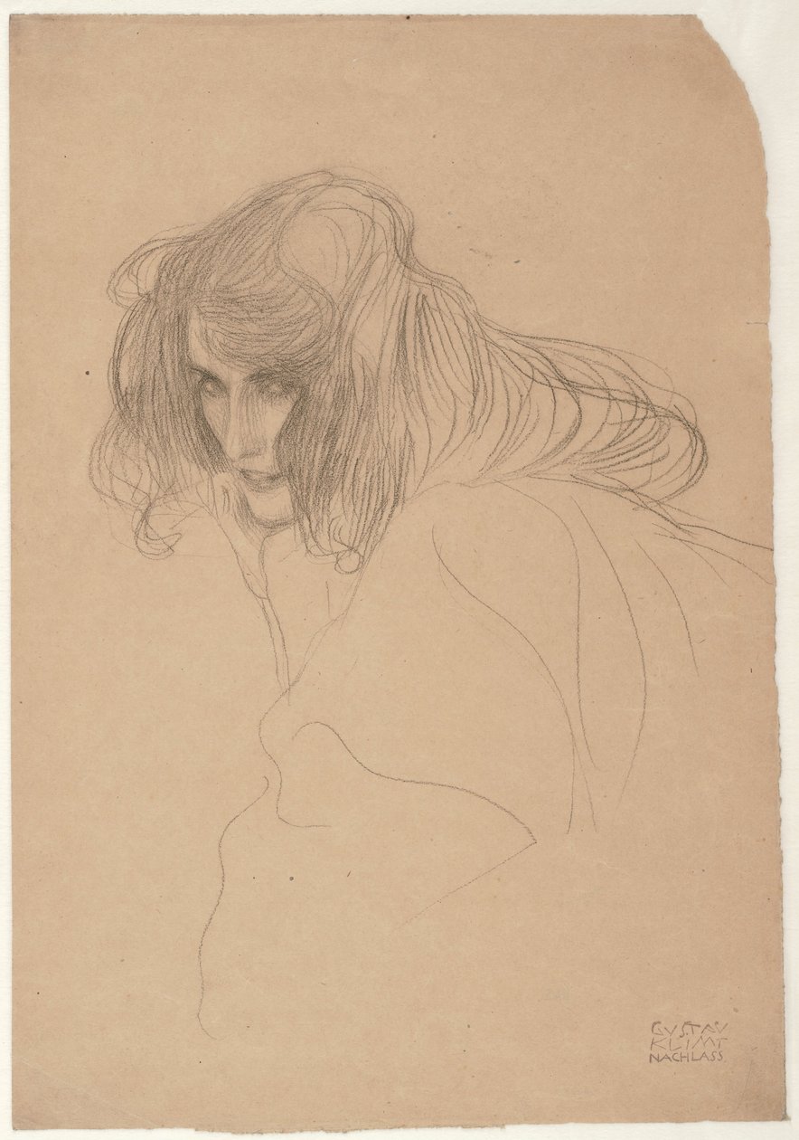 دراسة لرأس امرأة في ثلاثة أرباع دراسة دراسة عن العفة في إفريز بيتهوفن ، c.1901-1902 بواسطة غوستاف كليمت