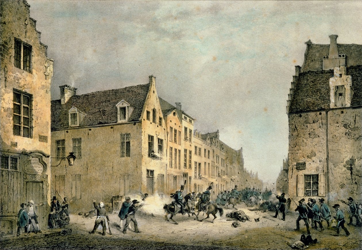 تحويل شعبة هولندية في بورت دو فلاندر ، بروكسل ، 23 سبتمبر 1830 ، نقشها جان بابتيست مادو (1796-1877) بواسطة غوستاف أدولف سيمونو