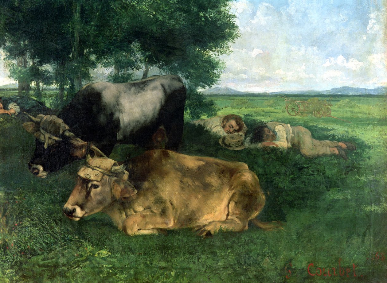 لا سيستا خلال موسم التبن (وتفاصيل الحيوانات التي تنام تحت شجرة) ، 1867 ، بواسطة غوستاف كوربيت