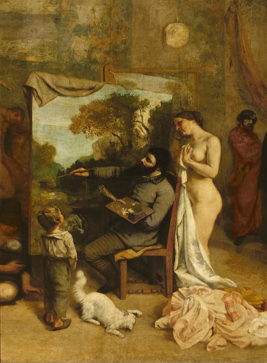 استوديو الفنان ، قصة رمزية حقيقية ، تفاصيل الرسام ونموذجه ، 1854-55 بواسطة غوستاف كوربيت