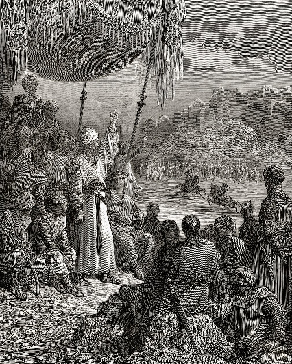 بطولة ودية خلال الحملة الصليبية الثالثة عام 1189 ، رسم توضيحي من &39;Bibliotheque des Croisades&39; بواسطة JF. ميشو ، 1877 بواسطة غوستاف دور