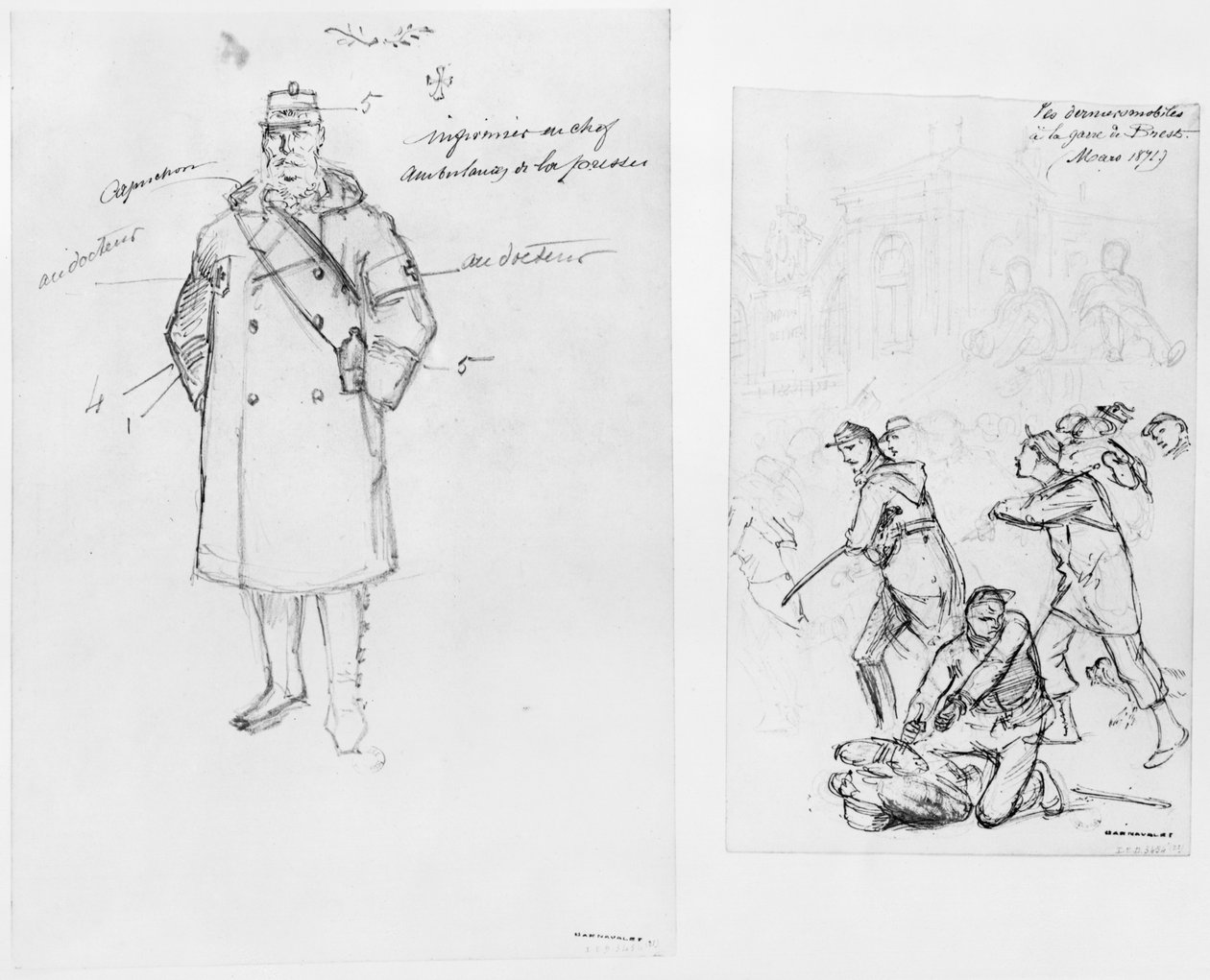 ألبوم حصار باريس ، رجل الإسعاف ، آخر القوات في محطة بريست ، 1871 (قلم جاف بحبر بني وقلم رصاص على ورق) بواسطة غوستاف دور