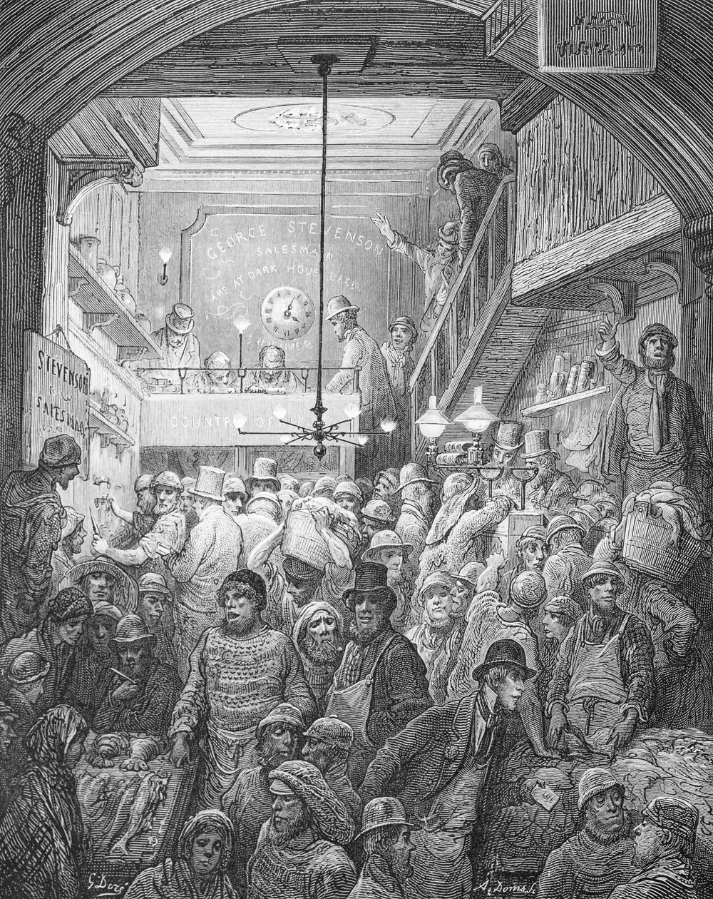 Billingsgate - الصباح الباكر ، من "لندن ، رحلة حج" ، كتبها وليام بلانشارد جيرولد (1826-1894) ، نقشها A. Doms ، حانة. 1872 بواسطة غوستاف دور