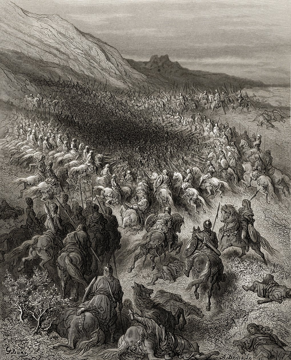 الصليبيون محاصرون بجيش صلاح الدين الأيوبي (1137-1193) ، رسم توضيحي من &39;Bibliotheque des Croisades&39; بواسطة JF. ميشو ، 1877 بواسطة غوستاف دور