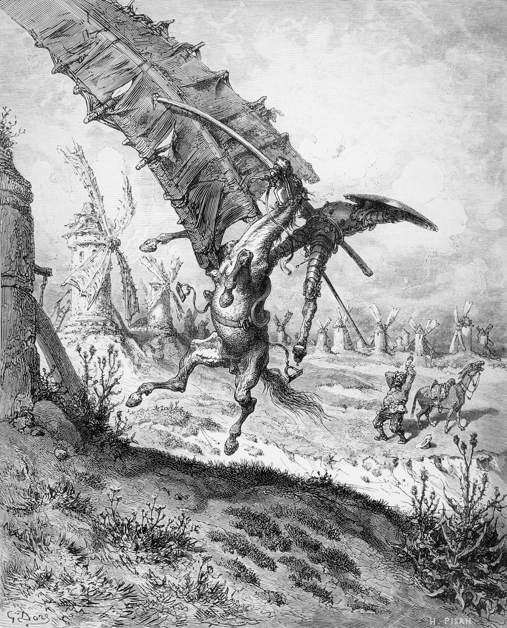 دون كيشوت وطواحين الهواء ، من &39;Don Quixote de la Mancha&39; بواسطة ميغيل سرفانتس (1547-1616) منقوش بواسطة هيليودور جوزيف بيسان (1822-90) (النقش) (صور ب) (انظر أيضًا 141799) بواسطة غوستاف دور