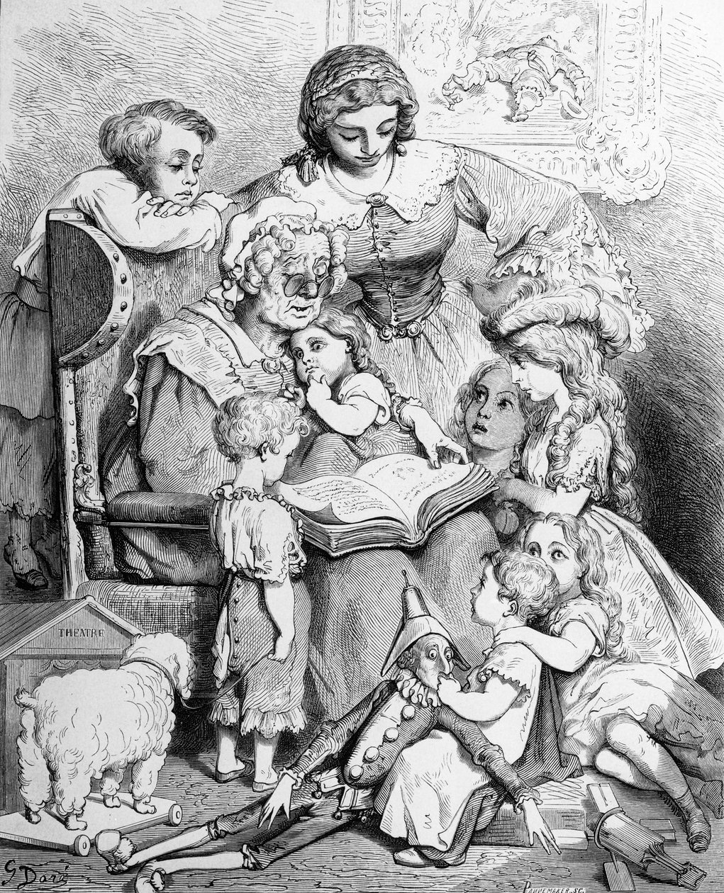 جدتها تروي قصة لأحفادها ، صفحة عنوان مصورة من "Les contes de Perrault" ، محفورة بواسطة Pannemaker ، نشرها J.Hetzel ، 1862 بواسطة غوستاف دور