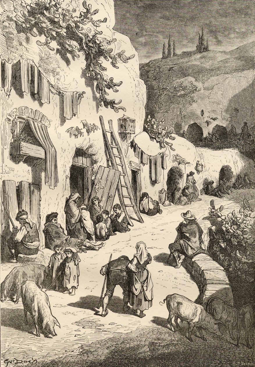 الغجر الكهوف ، Sacro Monte ، غرناطة ، إسبانيا ، من "الصور الإسبانية" من قبل القس صموئيل مانينغ ، نشر في عام 1870 بواسطة غوستاف دور
