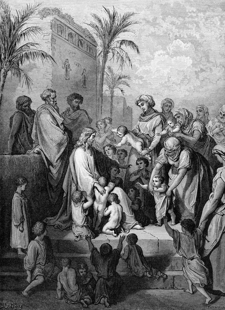 يسوع بارك الأطفال ، ونقشها دوريه. - الكتاب المقدس بواسطة غوستاف دور