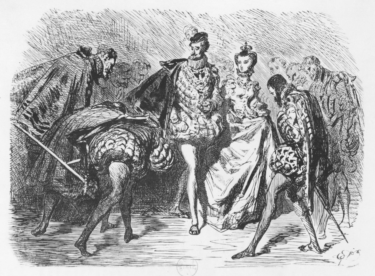 الملك والمحكمة ، رسم توضيحي من "Essais" بقلم ميشيل إكيم دي مونتين (1533-92) بواسطة غوستاف دور