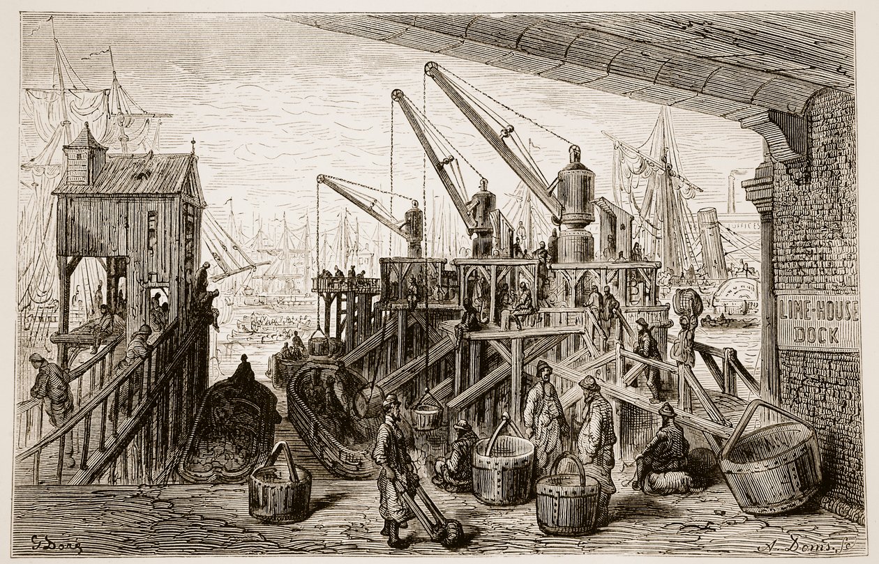 Limehouse Dock ، من "لندن ، رحلة حج" ، كتبها ويليام بلانشارد جيرولد (1826-1884) دون نقش A. Doms ، 1872 بواسطة غوستاف دور