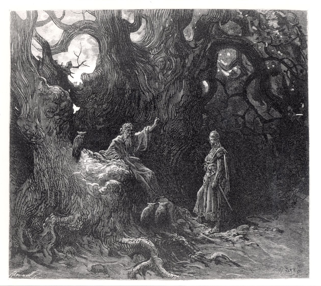 ميرلين في غابة Broceliande ، من "أورلاندو فوريوسو" بواسطة لودوفيكو أريوستو (1474-1533) ، التي نشرتها Hachette في عام 1888 بواسطة غوستاف دور
