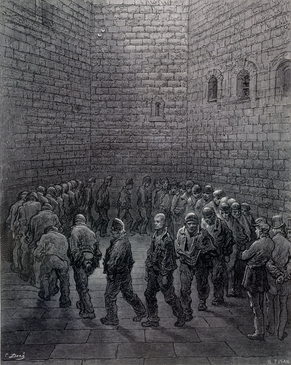 نيوجيت - ساحة التمرين ، من "لندن ، رحلة حج" ، كتبها وليام بلانشارد جيرولد (1826-1884) ، نقشها هيليودور جوزيف بيسان (1822-90) ، حانة. 1872 بواسطة غوستاف دور