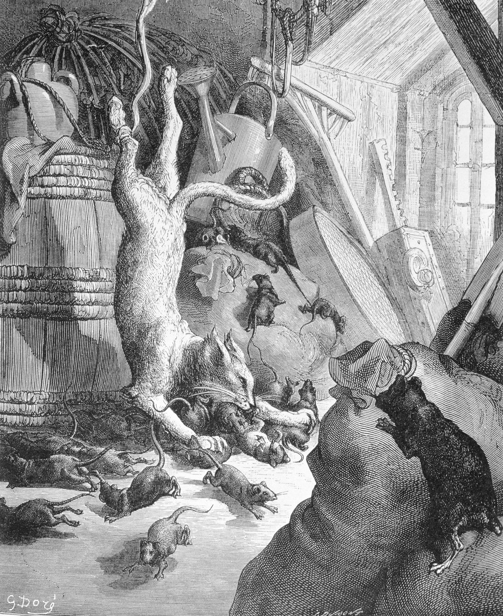 القط والفأر القديم ، رسم توضيحي من "الخرافات" لافونتين ، 1868 بواسطة غوستاف دور