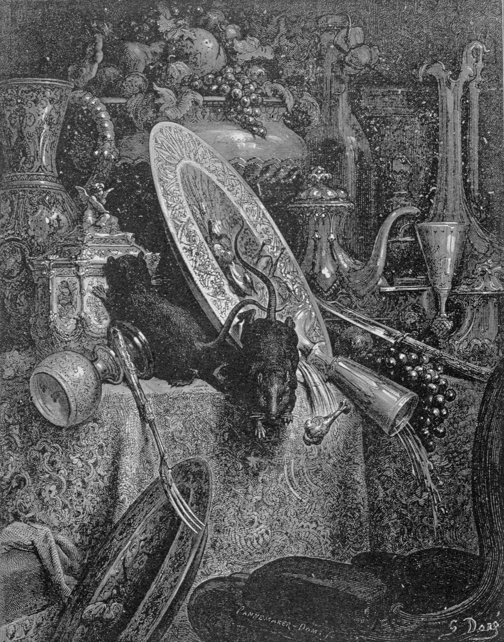 فأر المدينة والفأر القطري ، رسم توضيحي من "الخرافات" بواسطة لافونتين ، 1868 بواسطة غوستاف دور