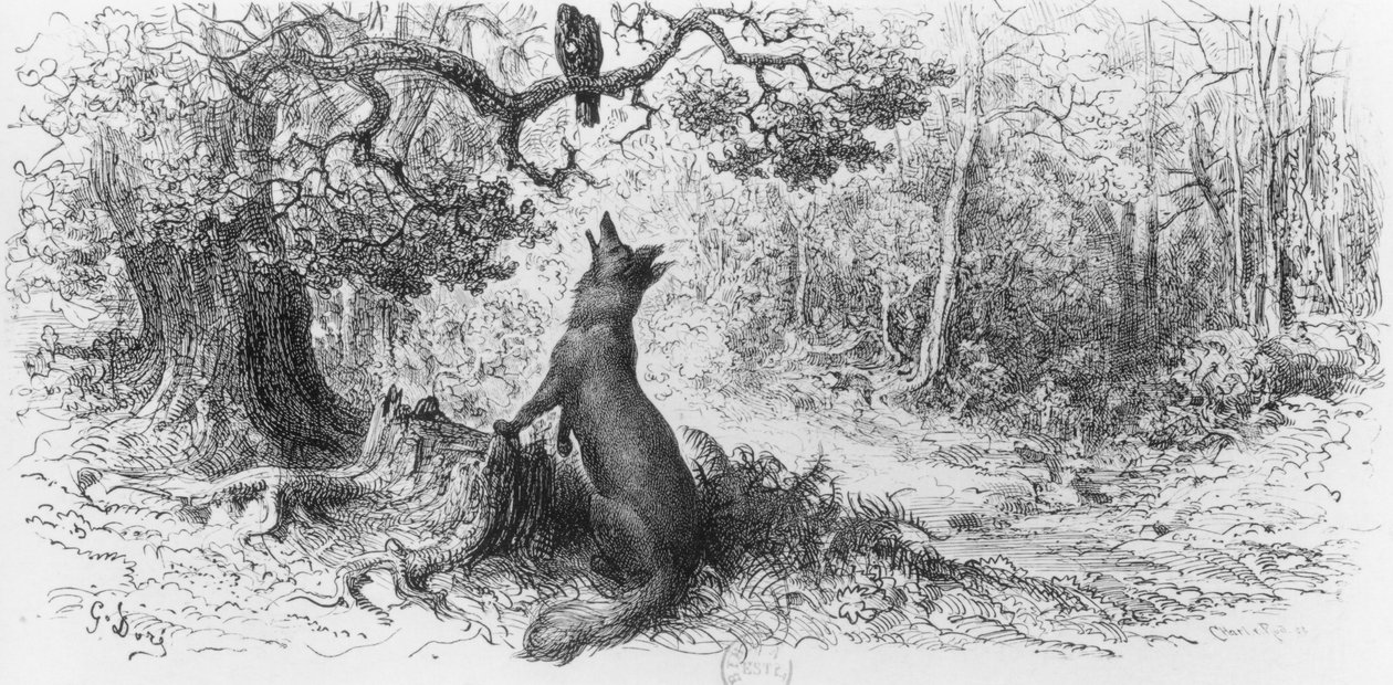 The Crow and the Fox ، من "Fables" لجان دي لافونتين (1621-1695) بواسطة غوستاف دور