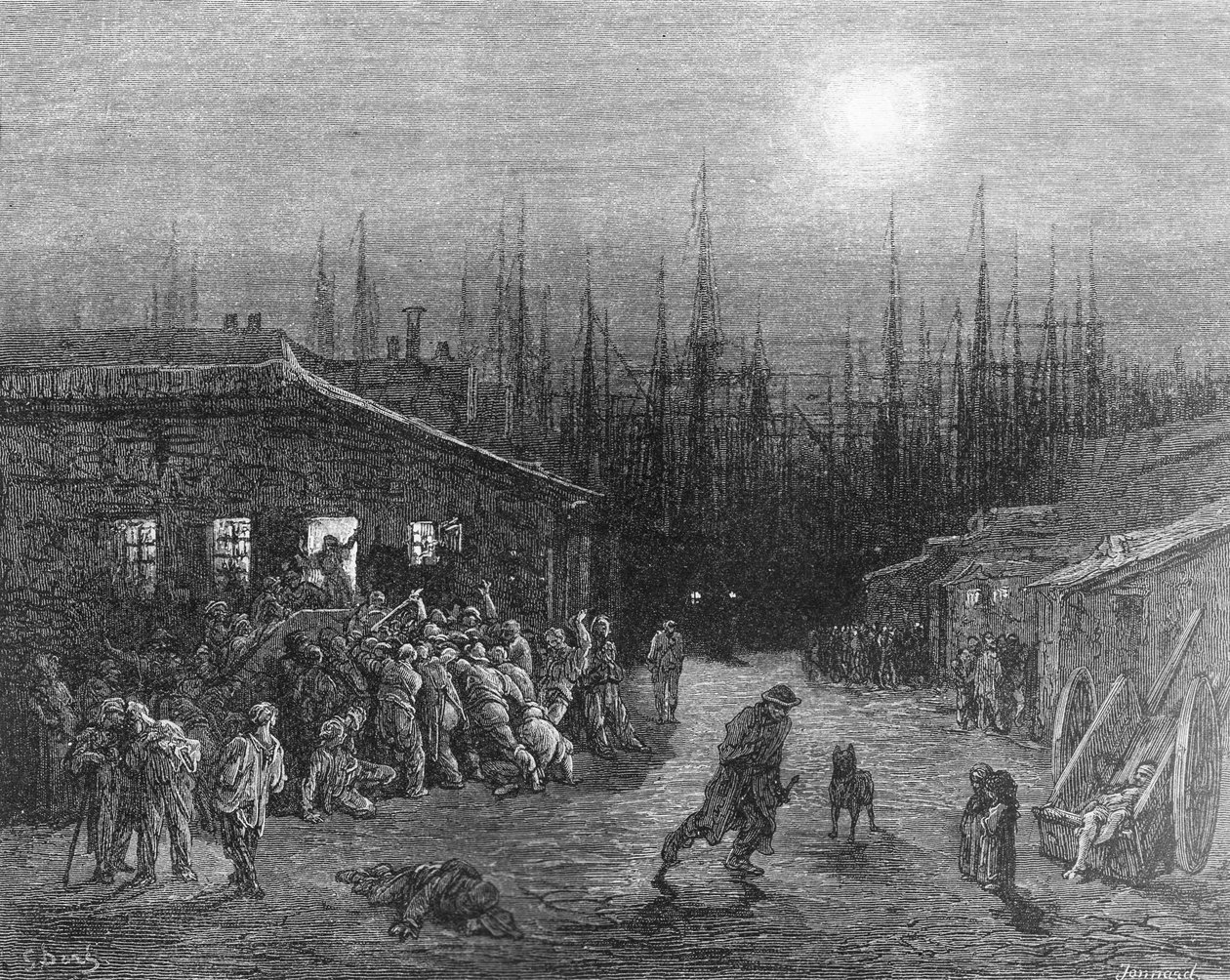 مشهد Docks Night Scene ، من "لندن ، رحلة حج" ، كتبها ويليام بلانشارد جيرولد (1826-1884) ، نقشها Paul Jonnard-Pacel (d.1902) ، حانة. 1872 بواسطة غوستاف دور