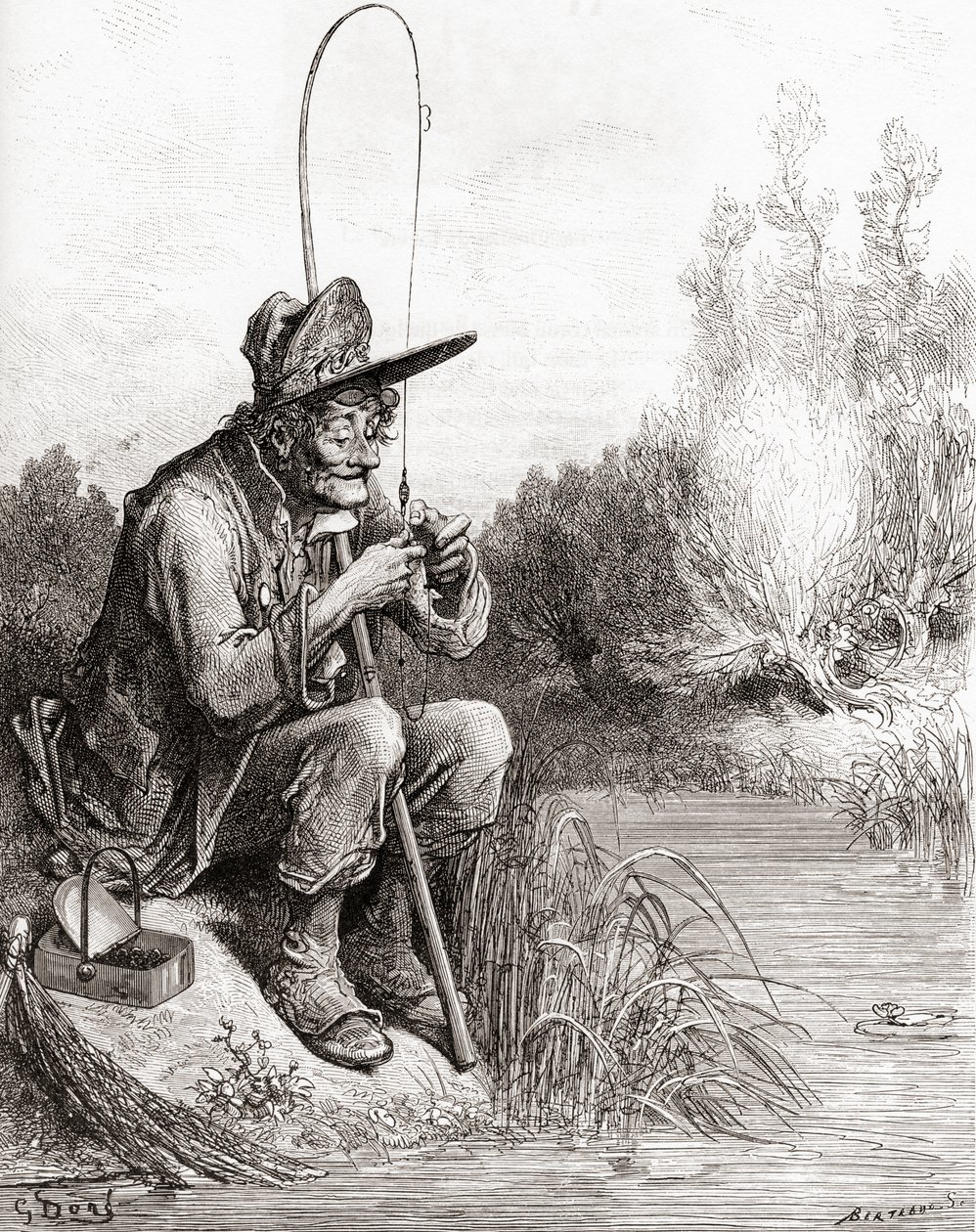 الصياد والأسماك الصغيرة ، من طبعة أواخر القرن التاسع عشر من Fables de La Fontaine (نقش الخشب) بواسطة غوستاف دور