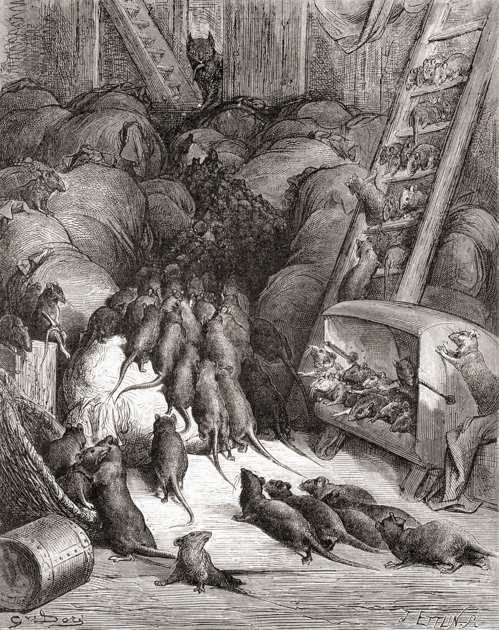 جامعة الجرذان ، من طبعة أواخر القرن التاسع عشر من Fables de La Fontaine (نقش الخشب) بواسطة غوستاف دور