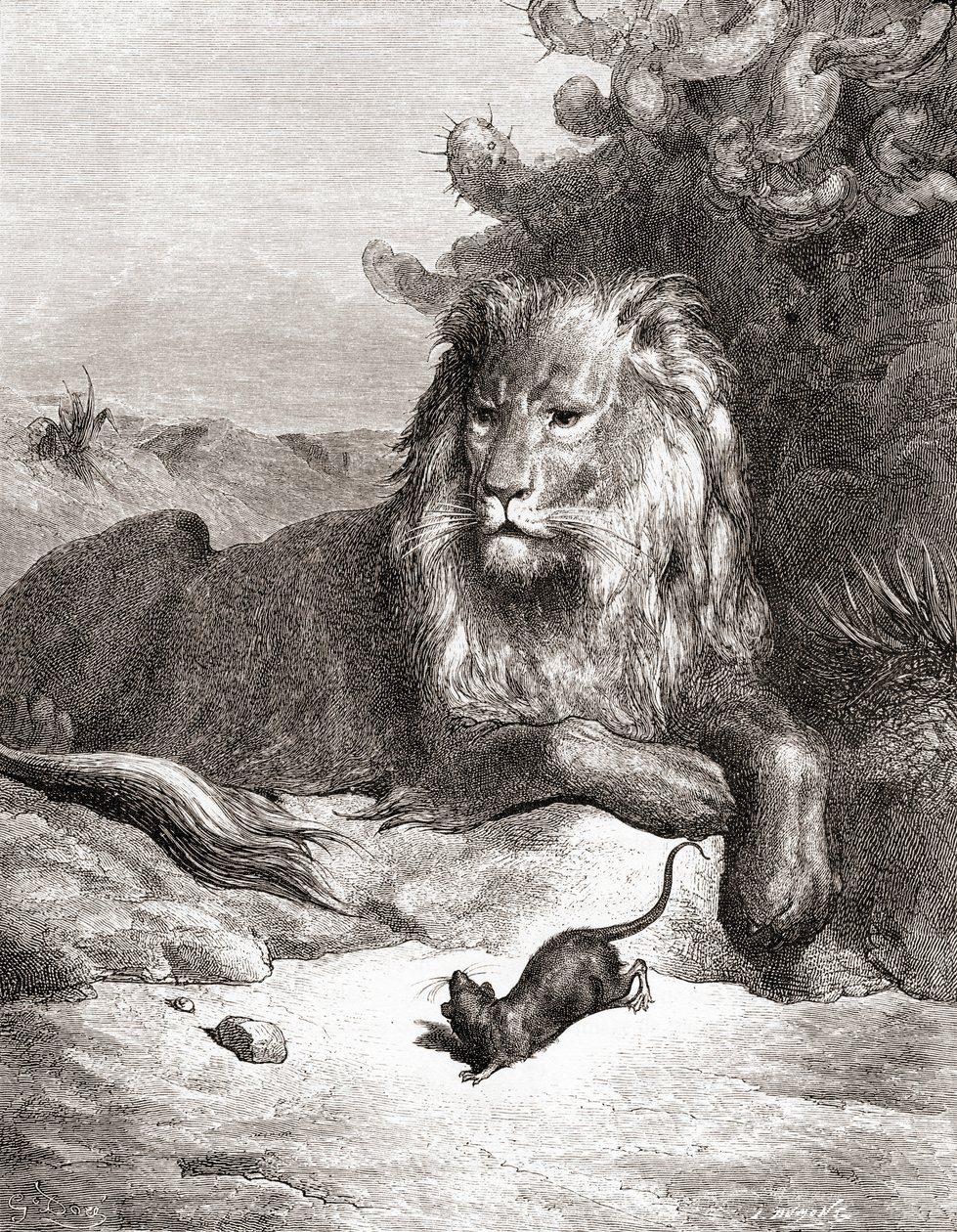 الأسد والفأر ، من طبعة أواخر القرن التاسع عشر من Fables de La Fontaine (نقش الخشب) بواسطة غوستاف دور