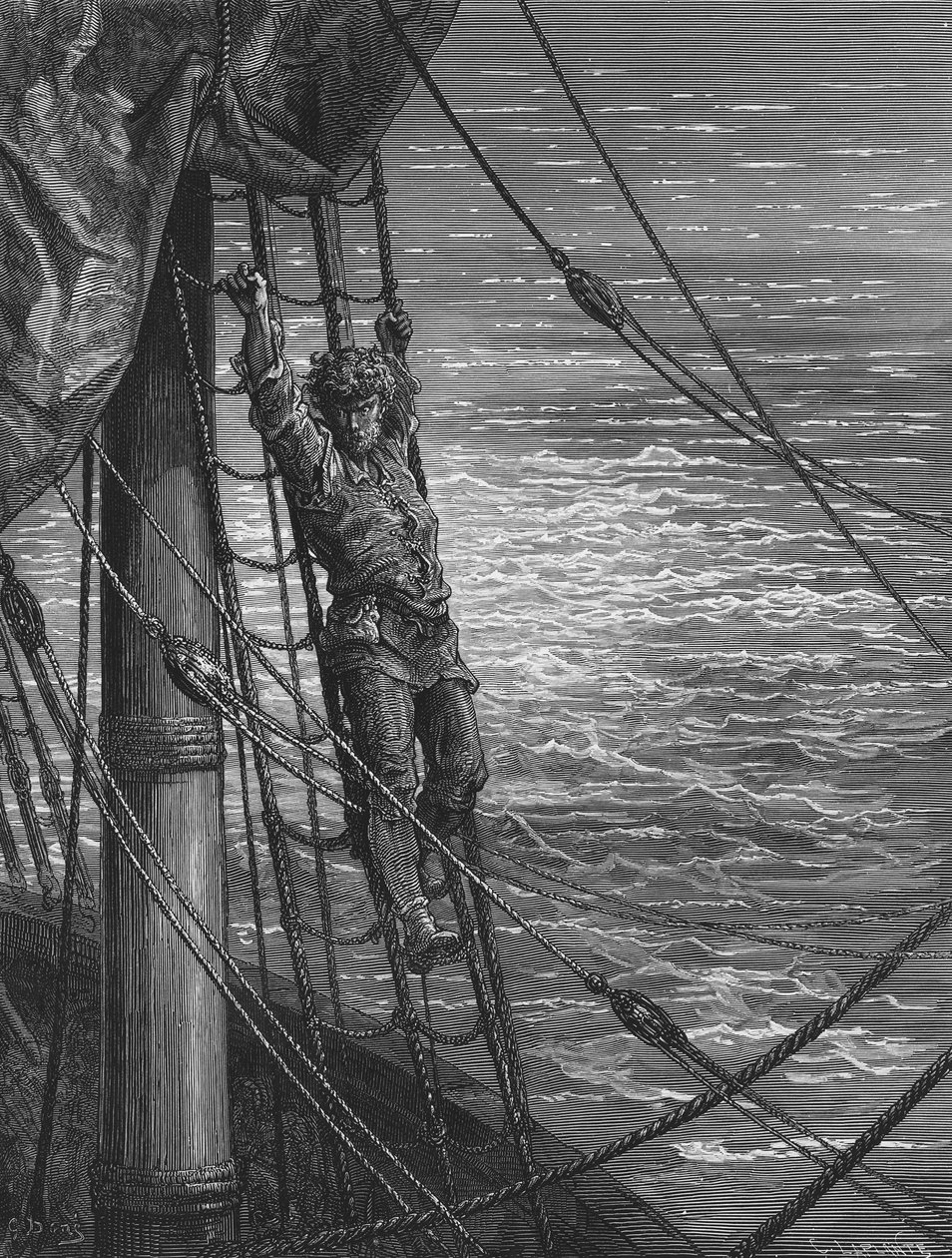 يصف The Mariner لمستمعه ، ضيف الزفاف ، مشاعره بالوحدة والخراب أثناء وجوده على متن السفينة ، مشهد من "The Rime of the Ancient Mariner" بواسطة ST Coleridge ، نشره Harp بواسطة غوستاف دور