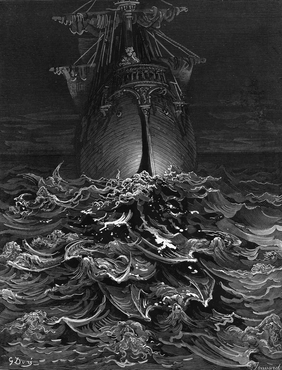 ينظر المارينير إلى المحيط ويرثي بقاءه بينما مات جميع زملائه البحارة ، مشهد من "The Rime of the Ancient Mariner" بواسطة ST Coleridge ، نشره Harper und Brothers ، نيويورك بواسطة غوستاف دور