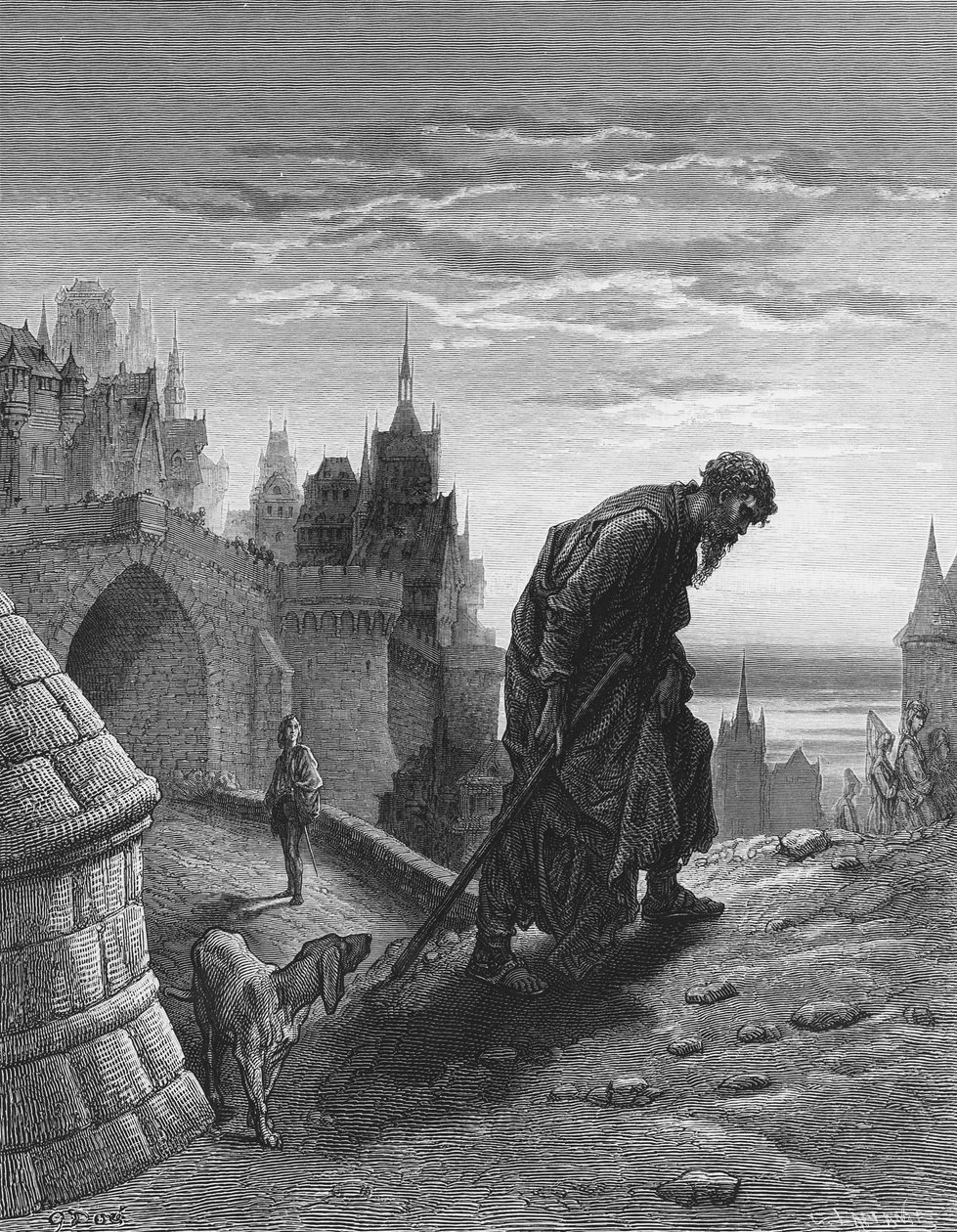 يتجه The Mariner ، بعد أن أنهى قصته ، إلى مغادرته ، بينما ينظر إليه مستمع ضيف الزفاف عليه في عجب وحزن ، مشهد من "The Rime of the Ancient Mariner" بقلم ST Coleridge ، pu بواسطة غوستاف دور