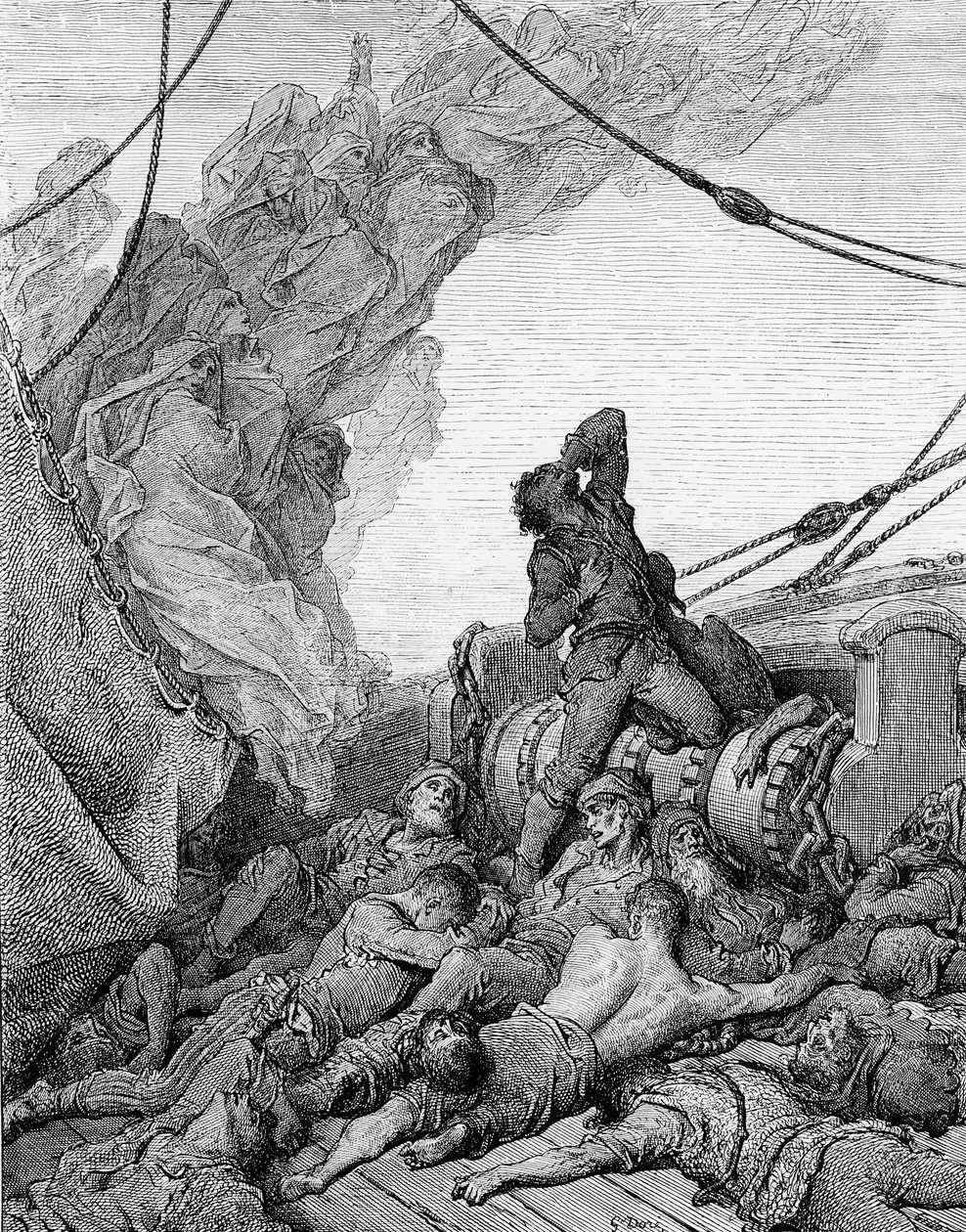 يعاني مارينر ، الذي يحيط به البحارة القتلى ، من كرب الروح ، مشهد من &39;The Rime of the Ancient Mariner&39; بواسطة ST Coleridge ، نشره Harper und Brothers ، نيويورك ، 1876 (نقش الخشب) بواسطة غوستاف دور