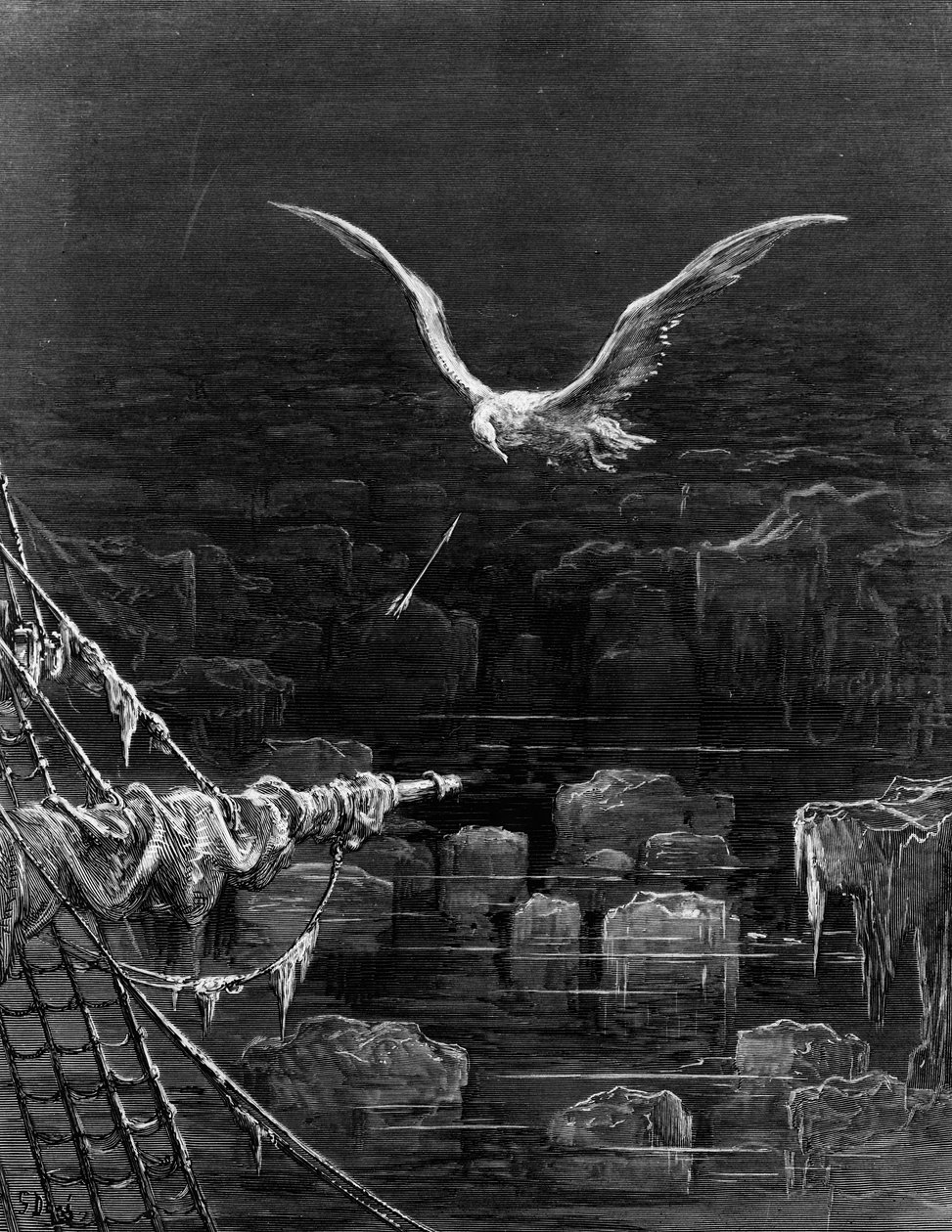 يتم تصوير طائر القطرس من قبل مارينر ، مشهد من &39;The Rime of the Ancient Mariner&39; بواسطة ST Coleridge ، بواسطة ST Coleridge ، نشره Harper und Brothers ، نيويورك ، 1876 (نقش الخشب) بواسطة غوستاف دور
