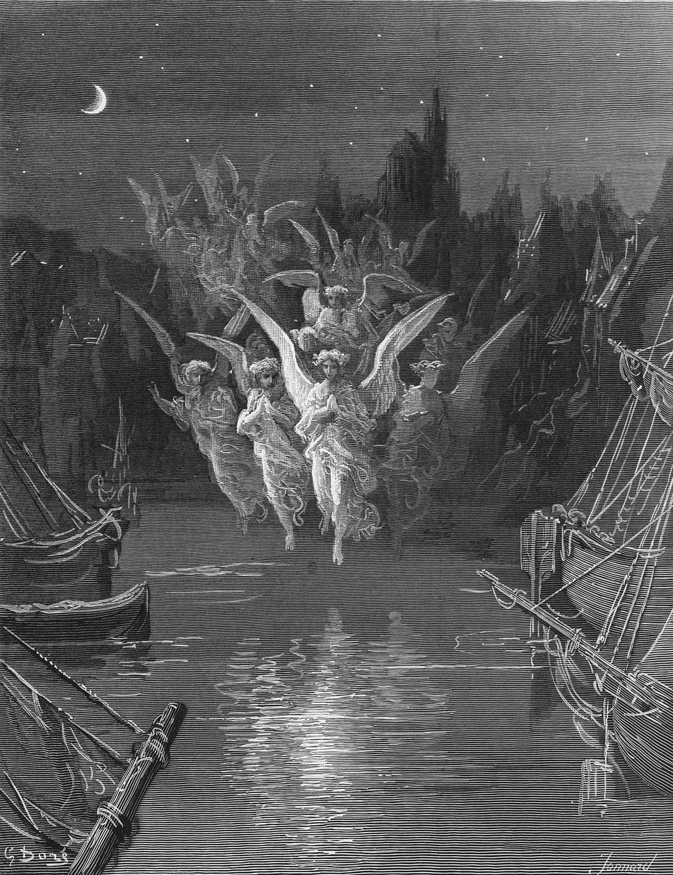 الأرواح الملائكية تغادر الجثث وتظهر في أشكالها الخاصة من الضوء ، مشهد من "The Rime of the Ancient Mariner" بواسطة ST Coleridge ، نشره Harper und Brothers ، نيويورك ، 1876 (الخشب e بواسطة غوستاف دور