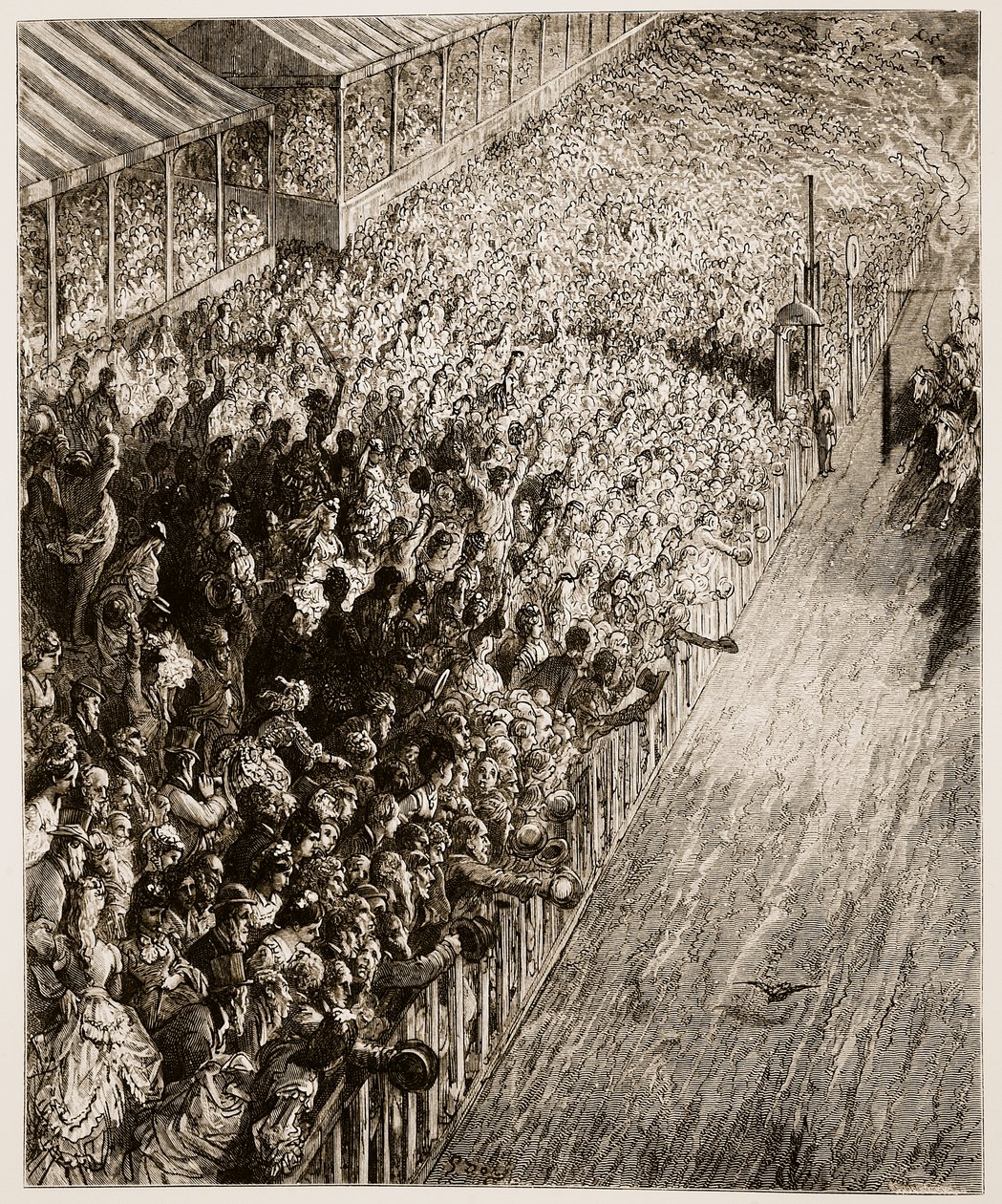 الخط الأخير من الديربي ، من "لندن ، رحلة حج" ، كتبها ويليام بلانشارد جيرولد (1826-1894) دون نقش من قبل Pannemaker ، حانة. 1872 بواسطة غوستاف دور