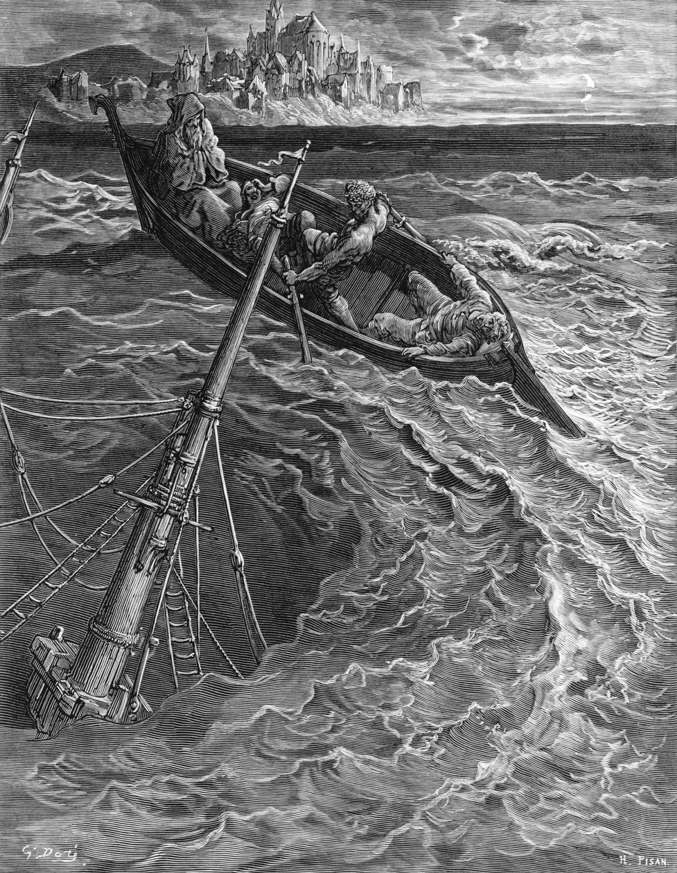 تغرق السفينة ولكن يتم إنقاذ مارينر من قبل الطيار والهرمت ، مشهد من &39;The Rime of the Ancient Mariner&39; بواسطة ST Coleridge ، نشره Harper und Brothers ، نيويورك ، 1876 (نقش الخشب) بواسطة غوستاف دور