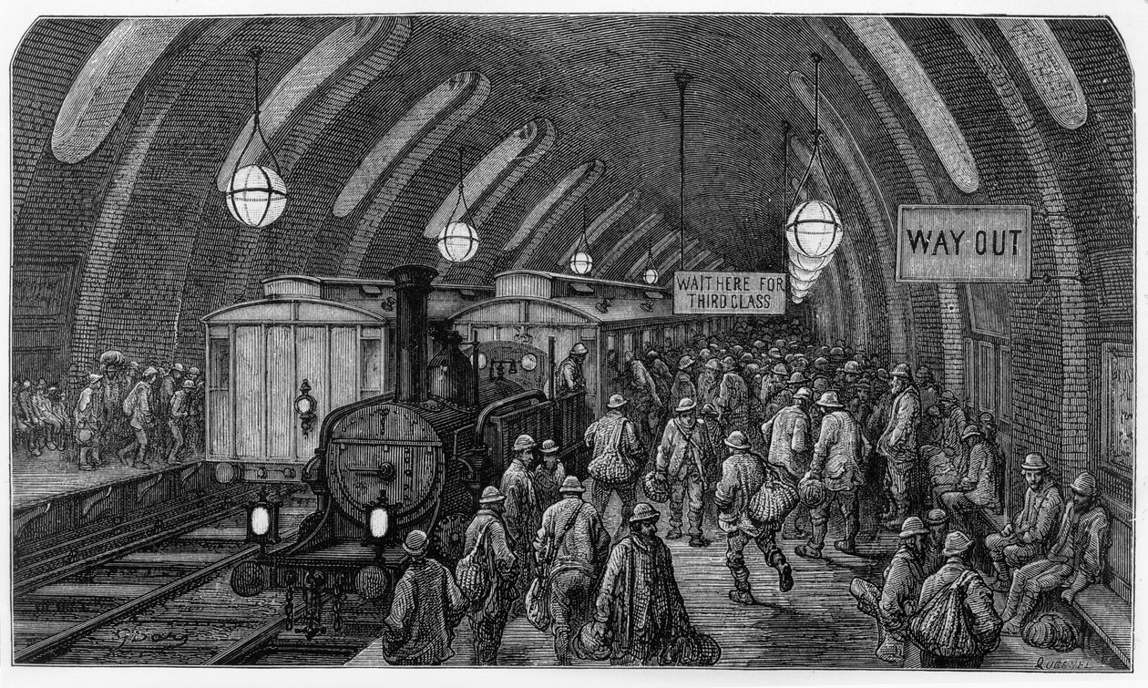 قطار العمال ، من "لندن ، رحلة حج" ، كتبها ويليام بلانشارد جيرولد (1826-1894) دون نقش حانة كويسنيل. 1872 بواسطة غوستاف دور