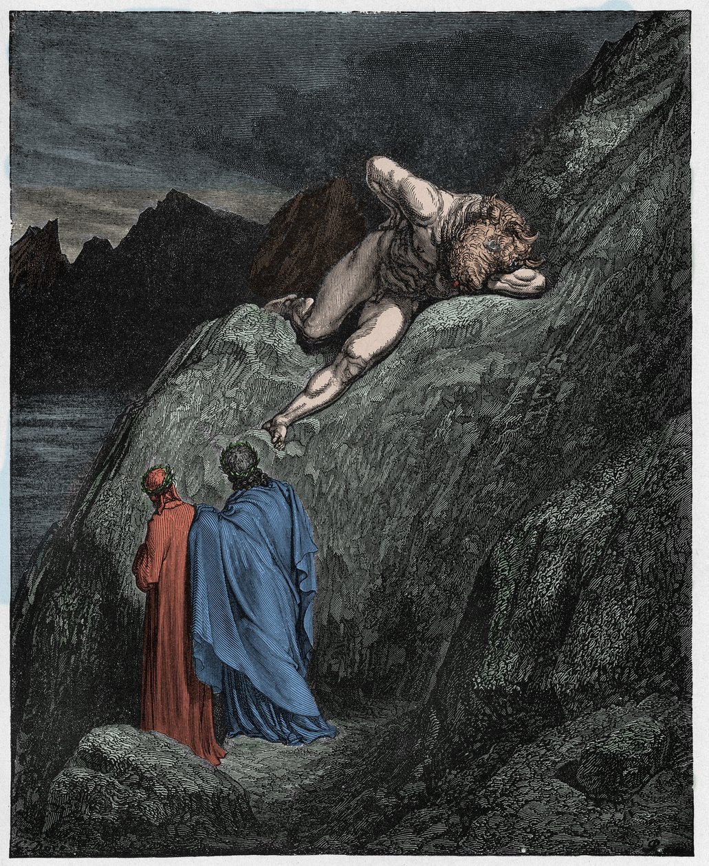 جحيم ، كانتو 12: Minotaur (Minotaure) على الجرف المحطم ، رسم توضيحي من الكوميديا الإلهية بواسطة Dante Alighieri ، 1885 (نقش ملون رقميًا) بواسطة غوستاف بعد دوري