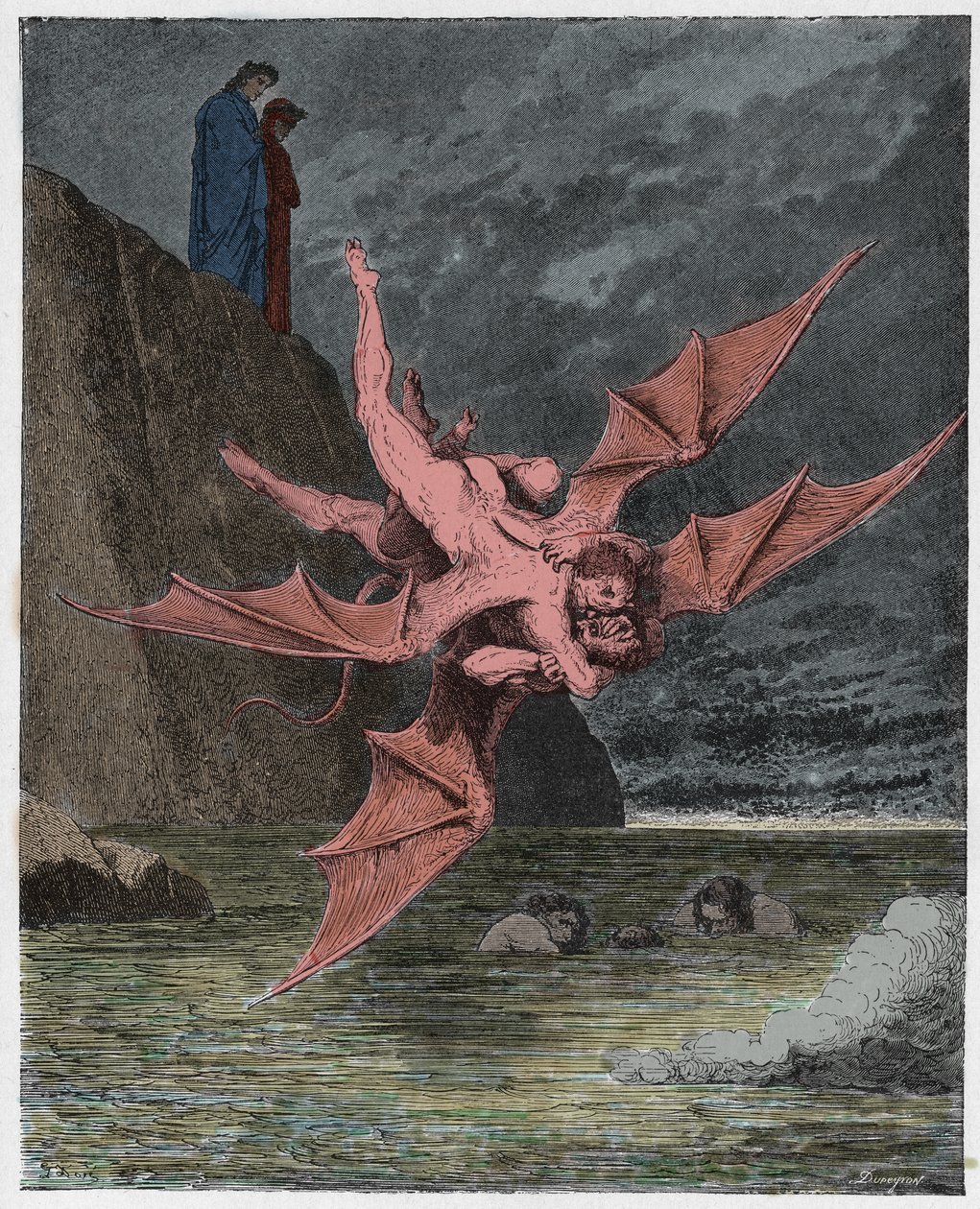 جحيم ، كانتو 22: Alichino و Calcabrina يتصارعان فوق الملعب ، توضيح من الكوميديا الإلهية بواسطة Dante Alighieri ، 1885 (نقش ملون رقميًا) بواسطة غوستاف بعد دوري