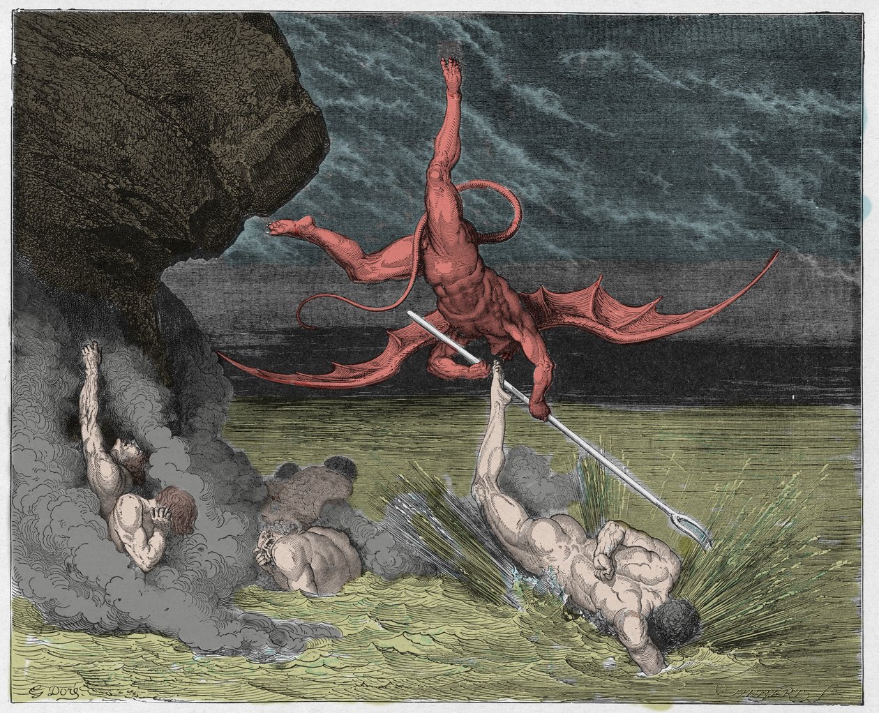 جحيم ، كانتو 22: Ciampolo يهرب من شيطان Alichino في البلوغ الخامس ، التوضيح من الكوميديا الإلهية بواسطة Dante Alighieri ، 1885 (نقش ملون رقميًا) بواسطة غوستاف بعد دوري