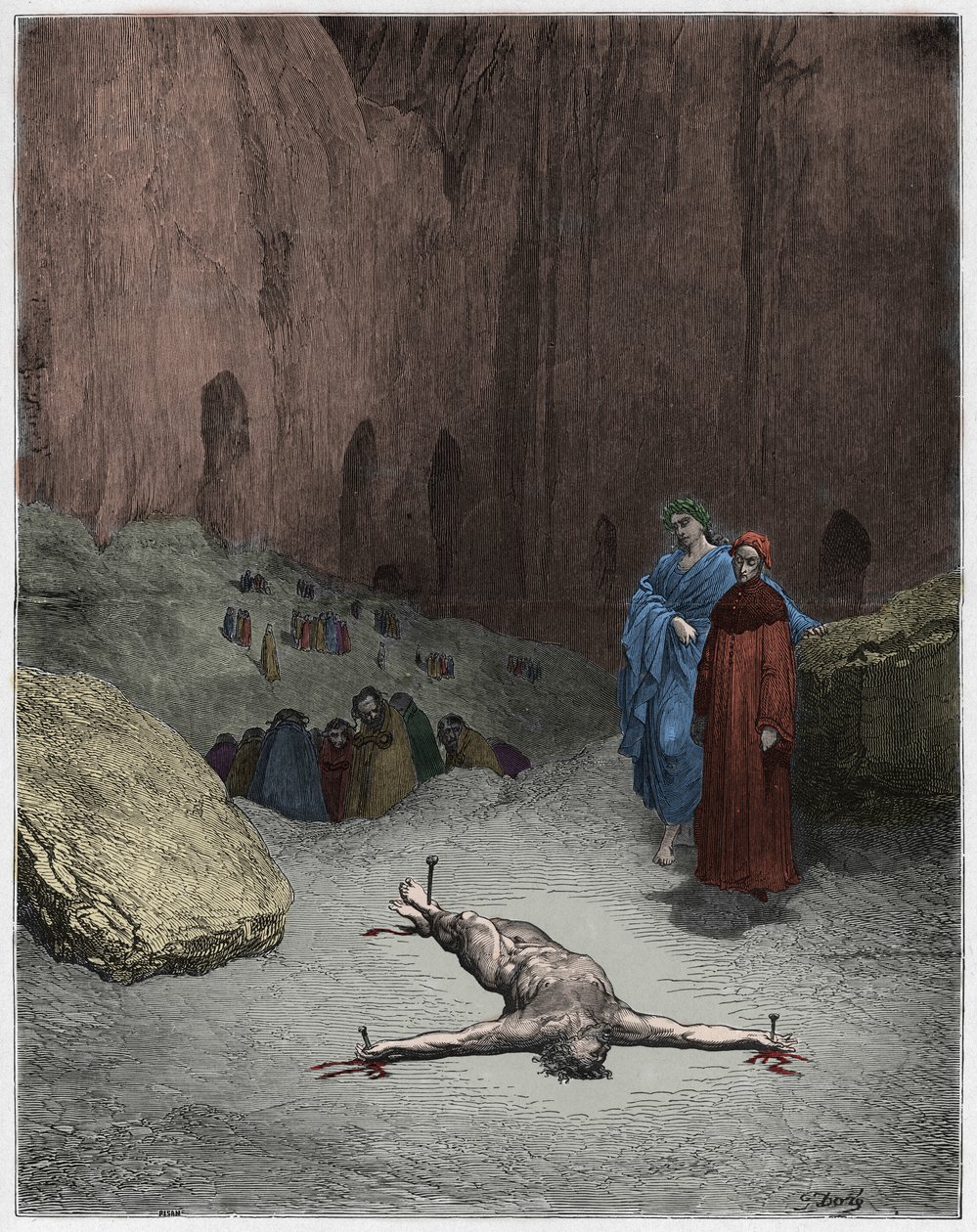جحيم ، كانتو 23: الفريسي المصلوب بين المنافقين ، رسم توضيحي من الكوميديا الإلهية لدانتي أليغييري ، 1885 (نقش ملون رقميًا) بواسطة غوستاف بعد دوري