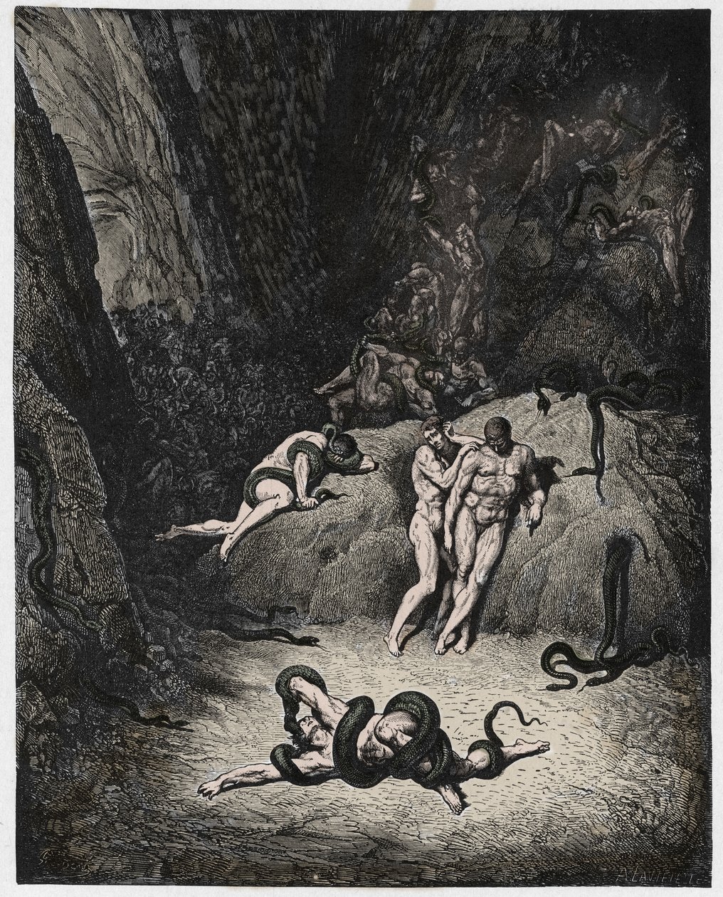 جحيم ، كانتو 25: Agnello تتحول إلى ثعبان ، توضيح من الكوميديا الإلهية بواسطة Dante Alighieri ، 1885 (نقش ملون رقميًا) بواسطة غوستاف بعد دوري