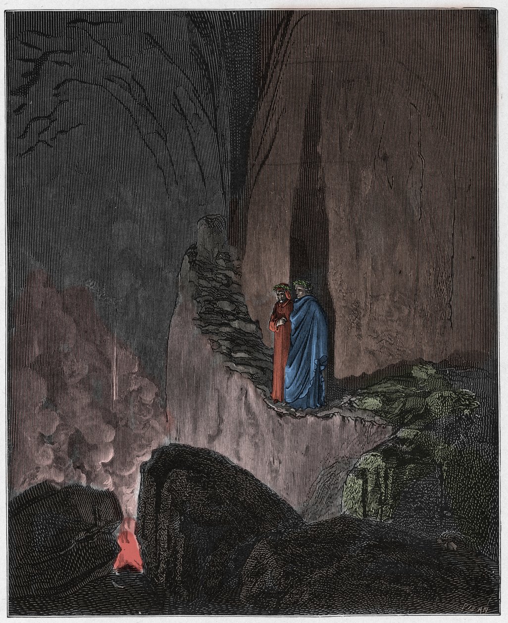 جحيم ، كانتو 26: الأرواح المشتعلة من يوليسيس وديوميديس (Diomede) ، رسم توضيحي من الكوميديا الإلهية بواسطة دانتي أليغييري ، 1885 (نقش ملون رقميًا) بواسطة غوستاف بعد دوري