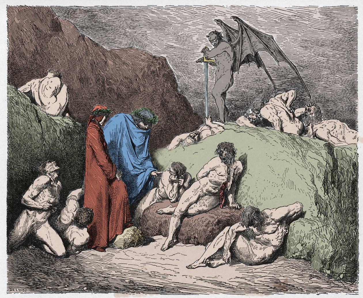 جحيم ، كانتو 28: زارعون مشوهون في الخلاف التاسع ، رسم من الكوميديا الإلهية لدانتي أليغييري ، 1885 (نقش ملون رقميًا) بواسطة غوستاف بعد دوري