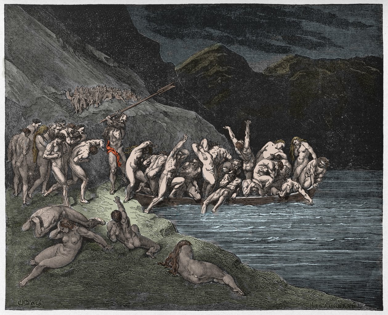 جحيم ، كانتو 3: النفوس المنكوبة التي شرعت في عبور Acheron ، التوضيح من الكوميديا الإلهية بواسطة دانتي أليغييري ، 1885 (نقش ملون رقميا) بواسطة غوستاف بعد دوري