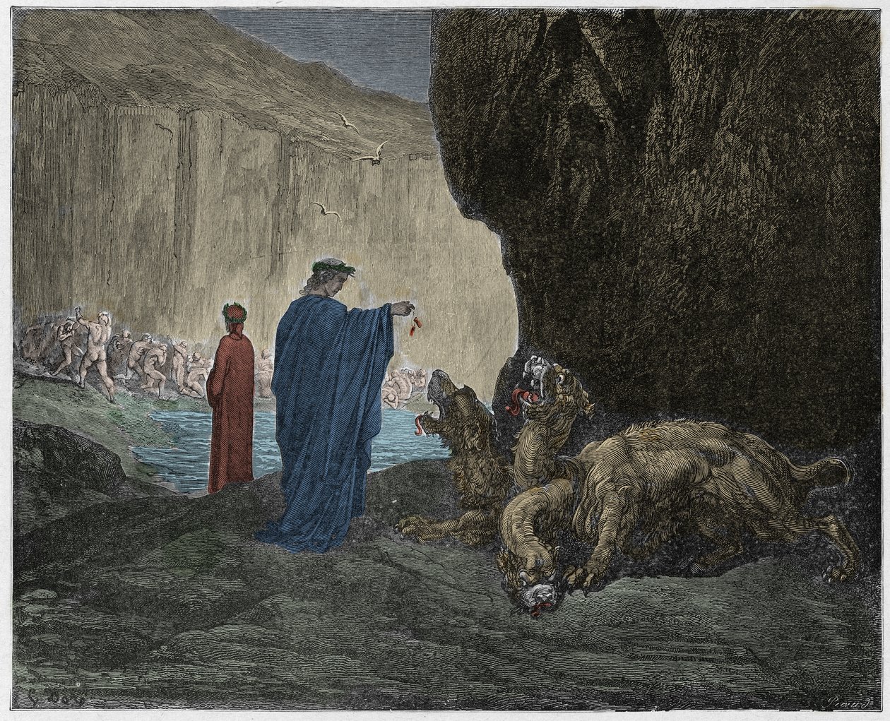 جحيم ، كانتو 6: فيرجيل يغذي سيربيروس (سيربير) في الدائرة الثالثة ، رسم توضيحي من الكوميديا الإلهية بواسطة دانتي أليغييري ، 1885 (نقش ملون رقميًا) بواسطة غوستاف بعد دوري
