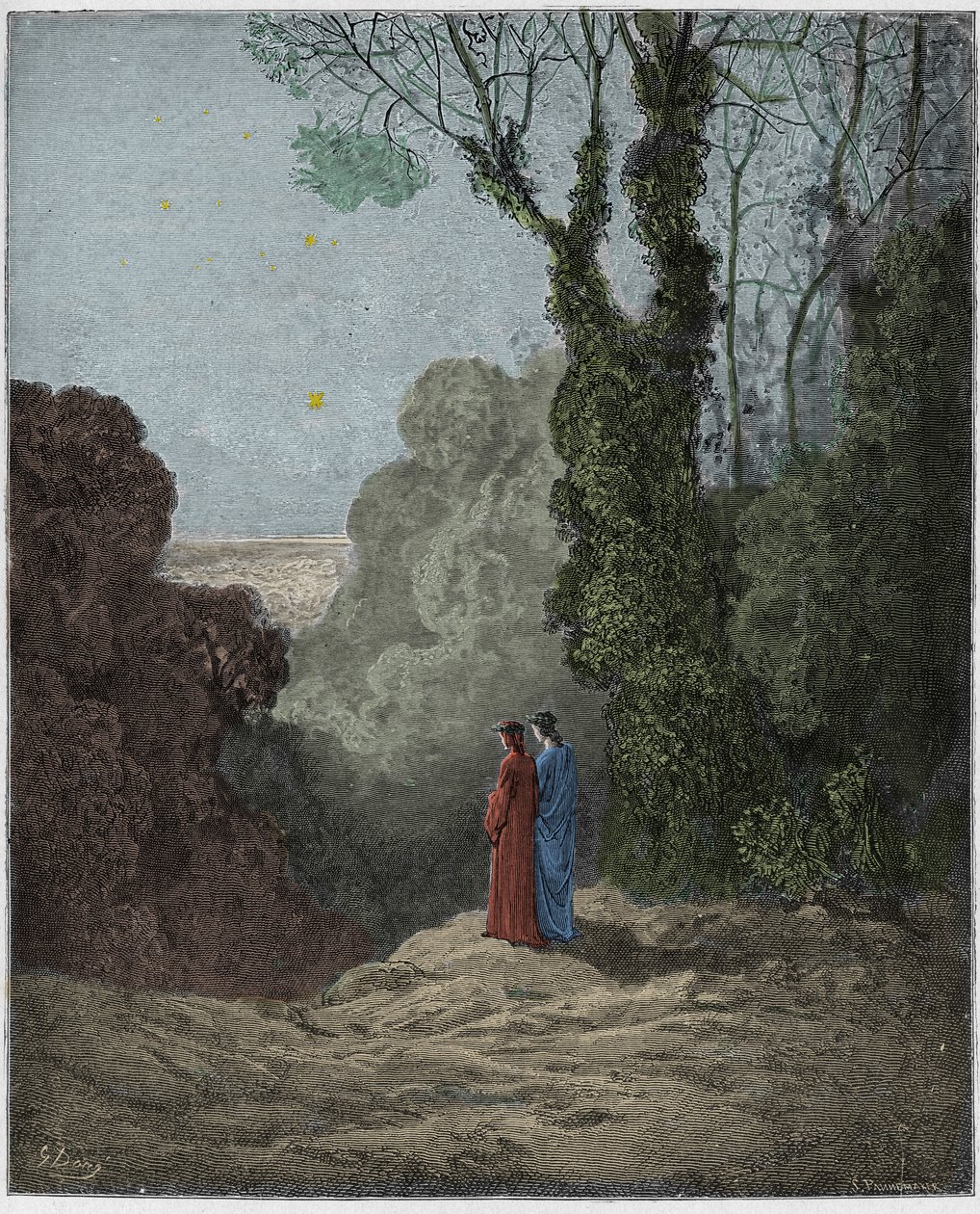 Purgatorio ، كانتو 1: ينظر الشعراء إلى جمال فينوس في سماء الصباح ، رسم توضيحي من الكوميديا الإلهية لدانتي أليغييري ، 1885 (نقش ملون رقميًا) بواسطة غوستاف بعد دوري