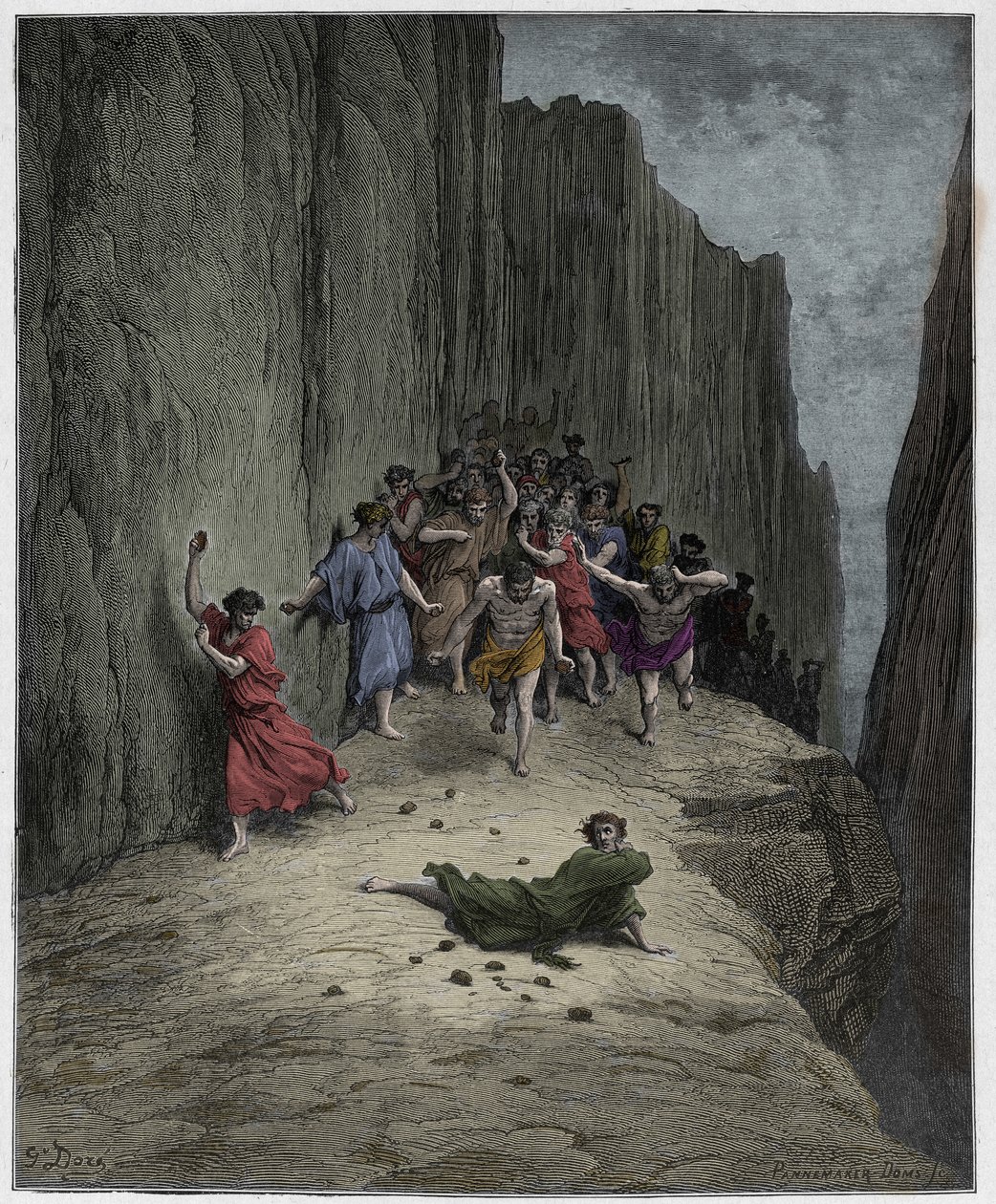 Purgatorio ، كانتو 15: رؤية دانتس لرجم ستيفن (القديس اتيان) ، رسم توضيحي من الكوميديا الإلهية لدانتي أليغييري ، 1885 (نقش ملون رقميًا) بواسطة غوستاف بعد دوري