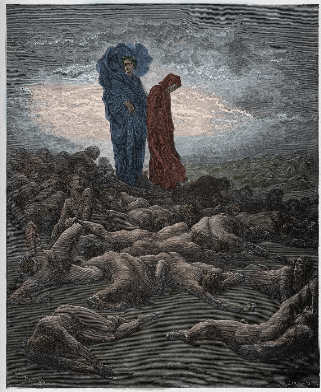 Purgatorio ، كانتو 20: أرواح الجشع ، التوضيح من الكوميديا الإلهية بواسطة دانتي أليغييري ، 1885 (نقش ملون رقميًا) بواسطة غوستاف بعد دوري